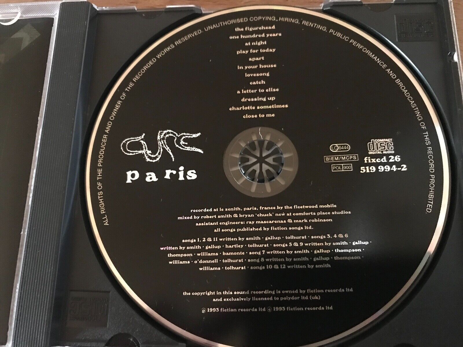 THE CURE "PARIS" 1993 FICTION RECORDS 12 LIVE TRACKS CD ALBUM FIXED 26 1 PRESS*