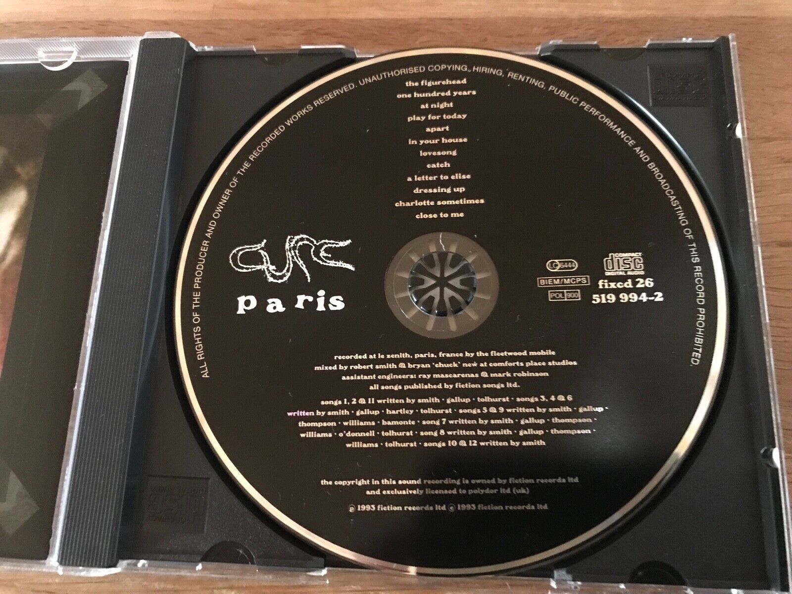 THE CURE "PARIS" 1993 FICTION RECORDS 12 LIVE TRACKS CD ALBUM FIXED 26 1 PRESS*