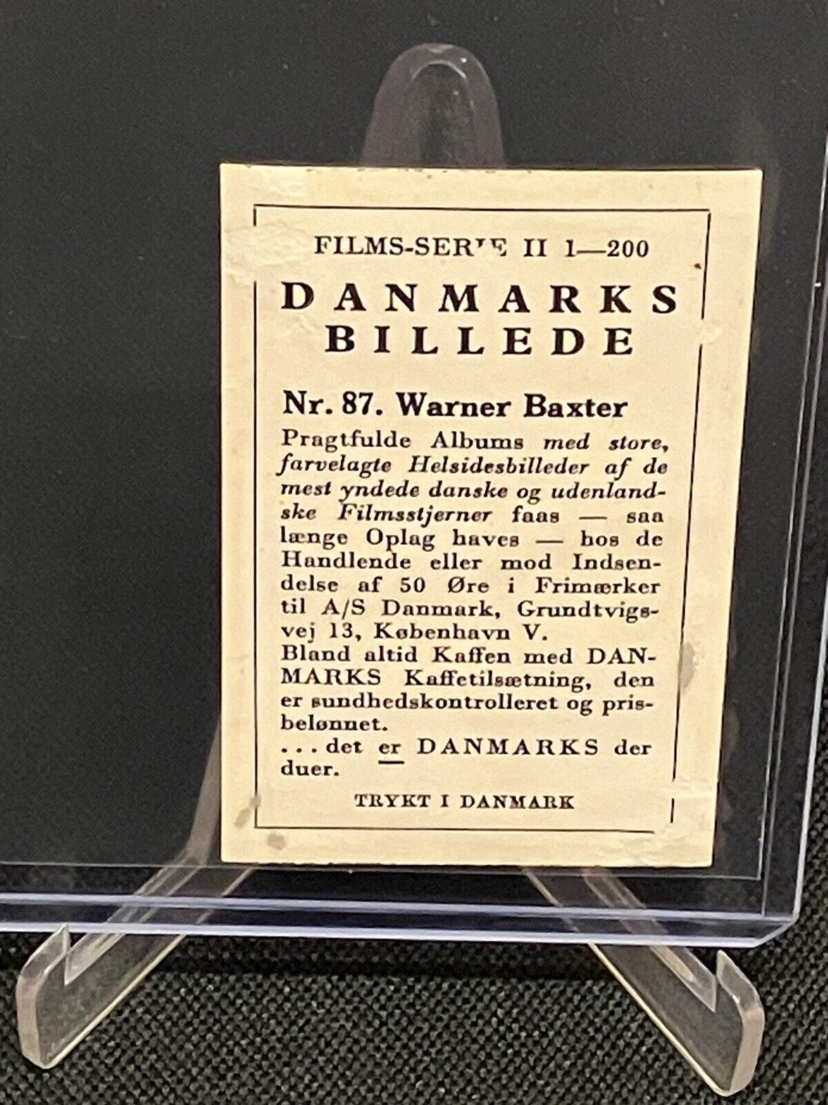 1936 ACTOR WARNER BAXTER - RARE VINTAGE CARD OF MOVIE STARS DENMARK