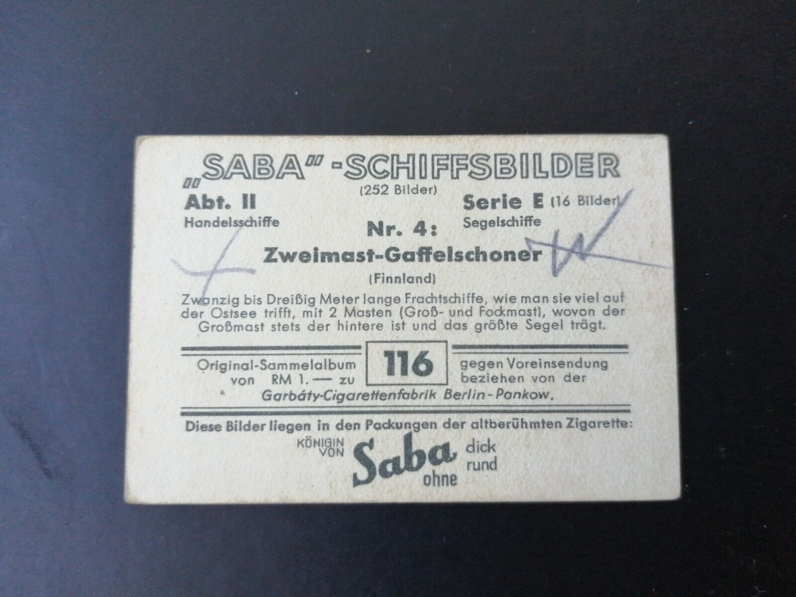 German SABA tobacco ship trading card 1931-33No 116 FinlandFreighter