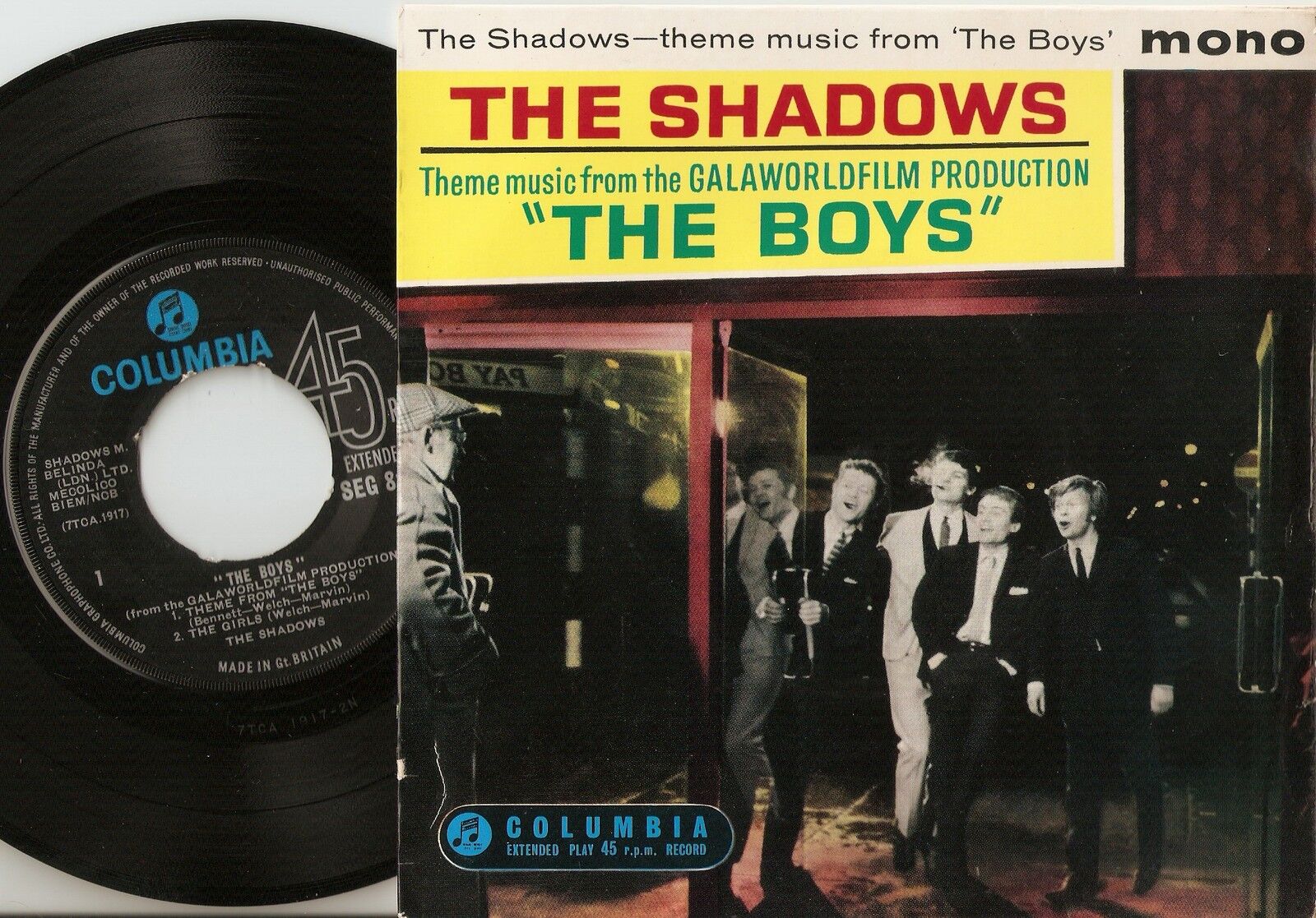 THE SHADOWS THEME MUSIC FROM "THE BOYS" EP 45+PS 1962 CLIFF RICHARD MONO