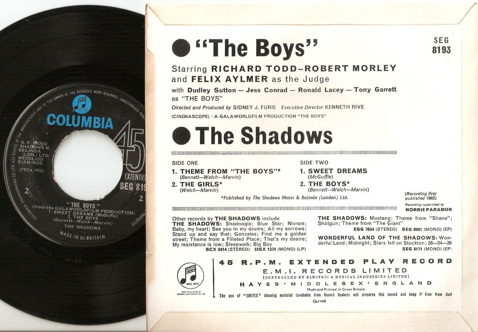 THE SHADOWS THEME MUSIC FROM "THE BOYS" EP 45+PS 1962 CLIFF RICHARD MONO