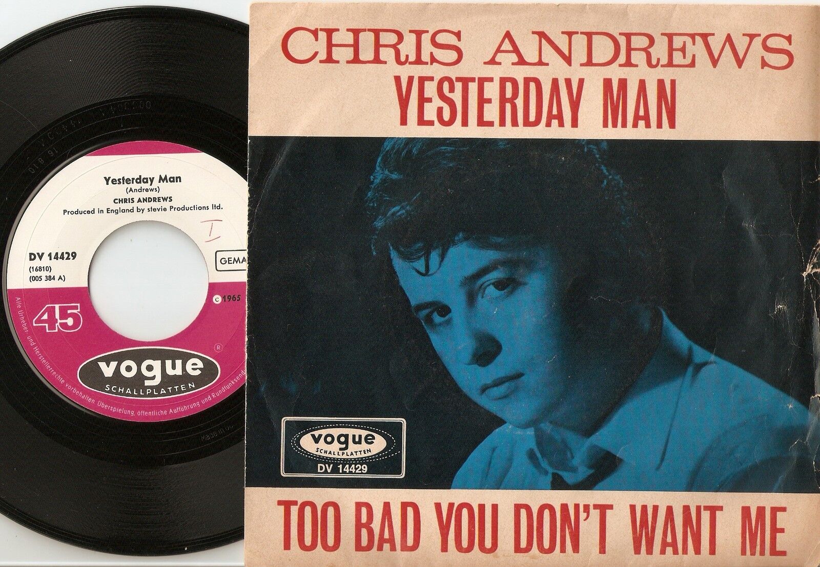 CHRIS ANDREWS YESTERDAY MAN  TOO BAD YOU DON`T GERMAN 45+PS 1965 MOD BEAT PSYCH