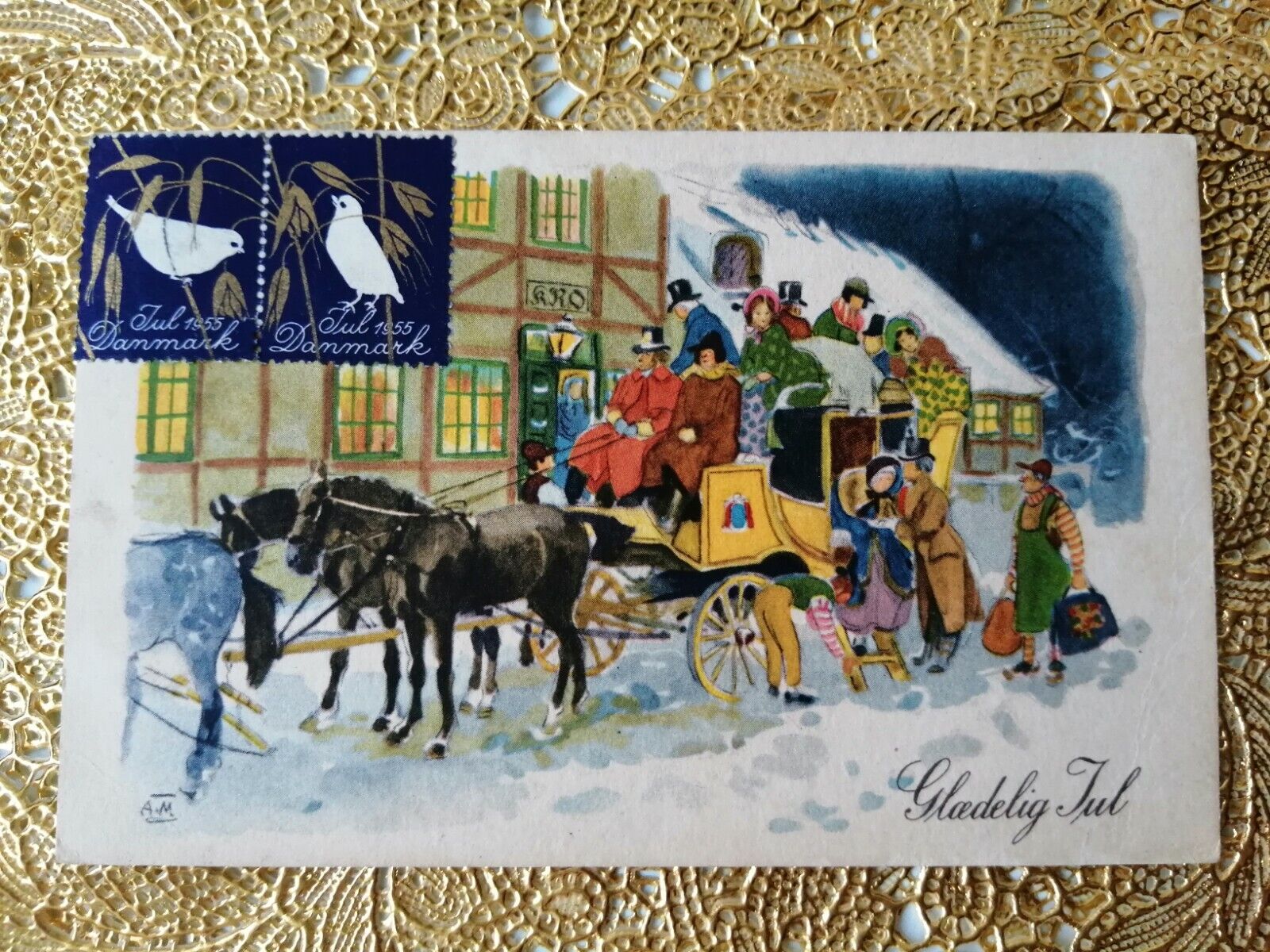 Vintage and collectible Danish Christmas card.Posted in 1955.. ( No. 6 d )