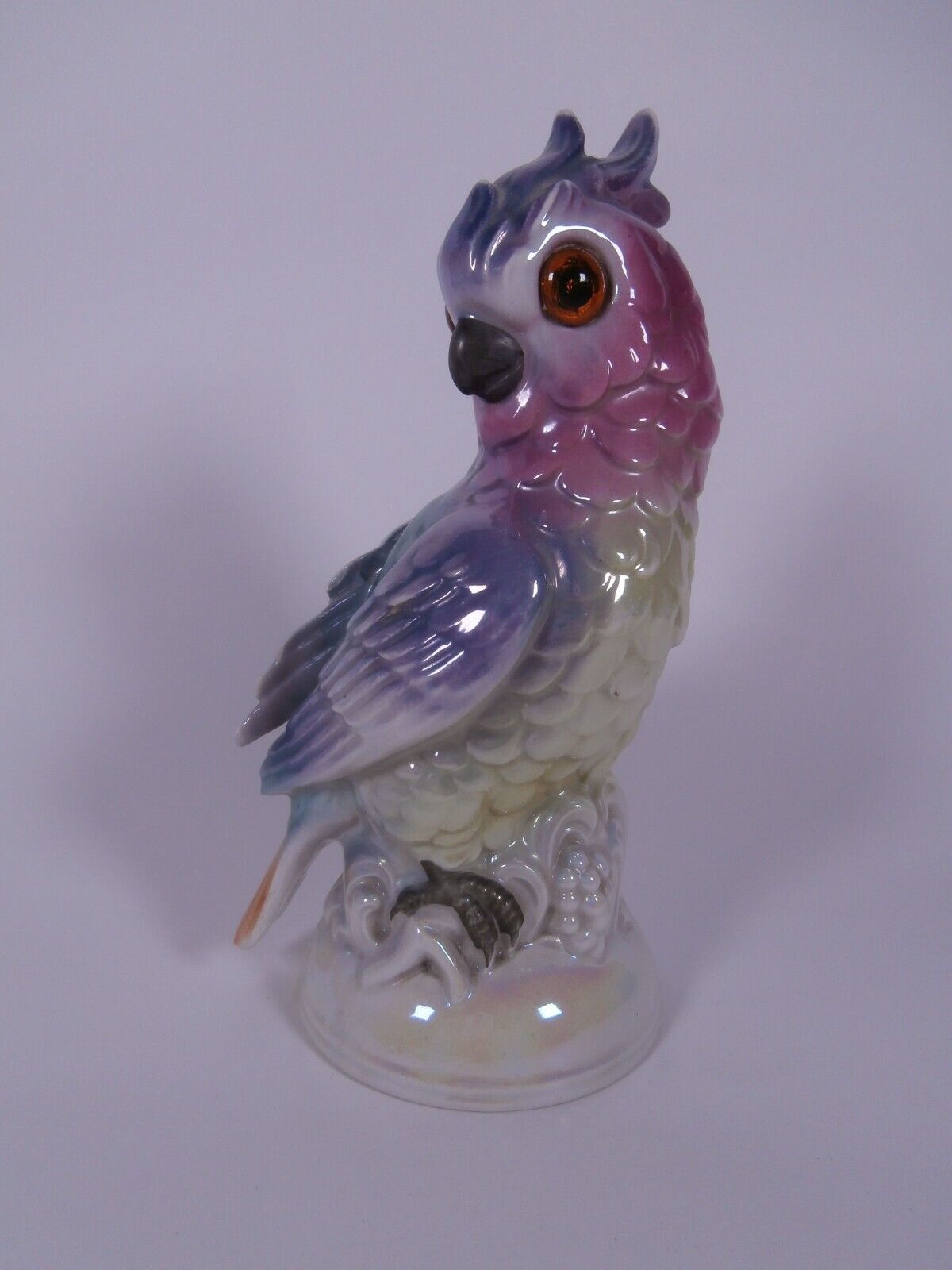 ~  Antique 1930s Porcelain Parrot Perfume Lamp glass eyes 8 1/3" iridescent