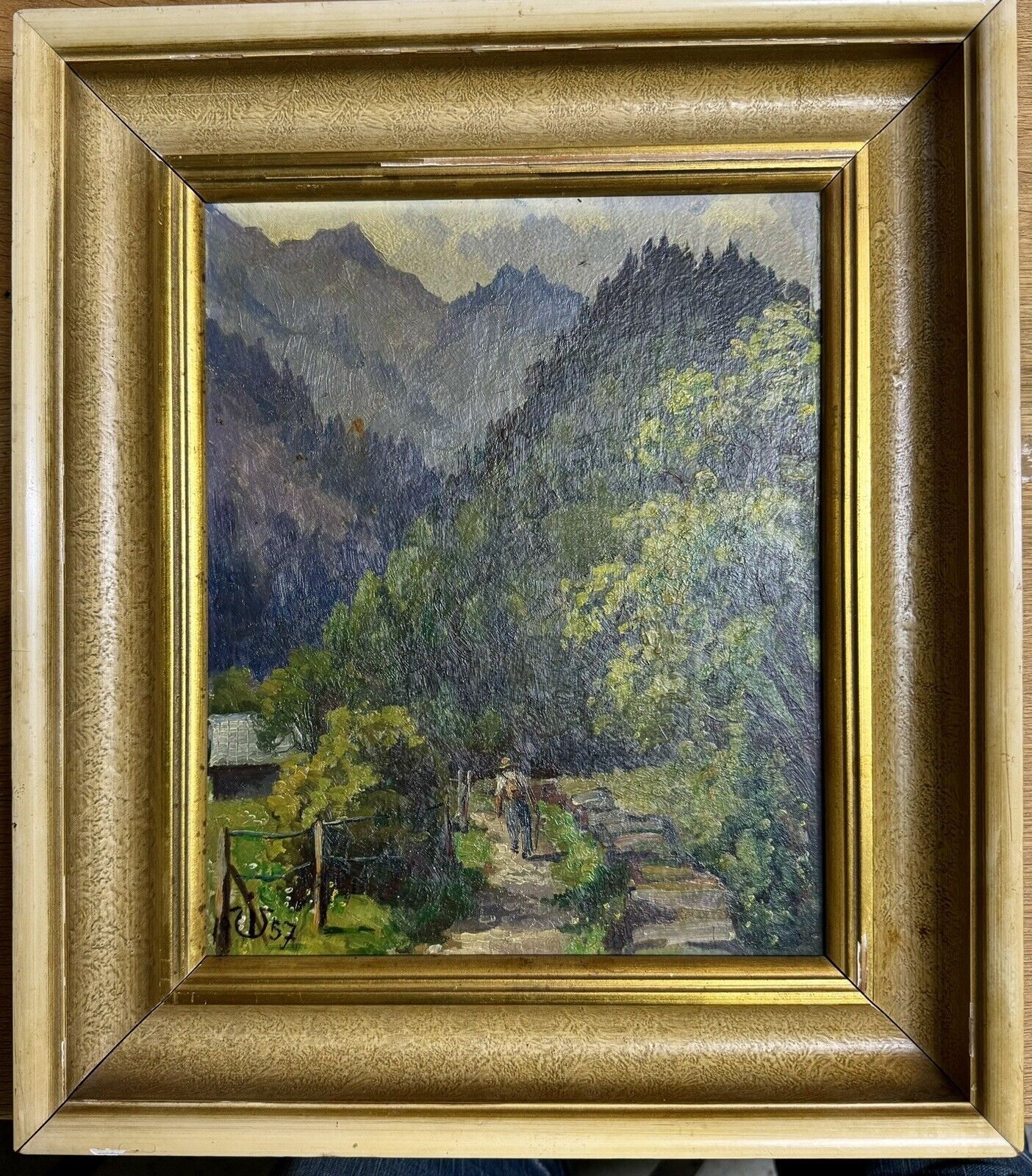 Vintage Valley Mountain View Oil On Canvas By Danish Artist I. W In 1957