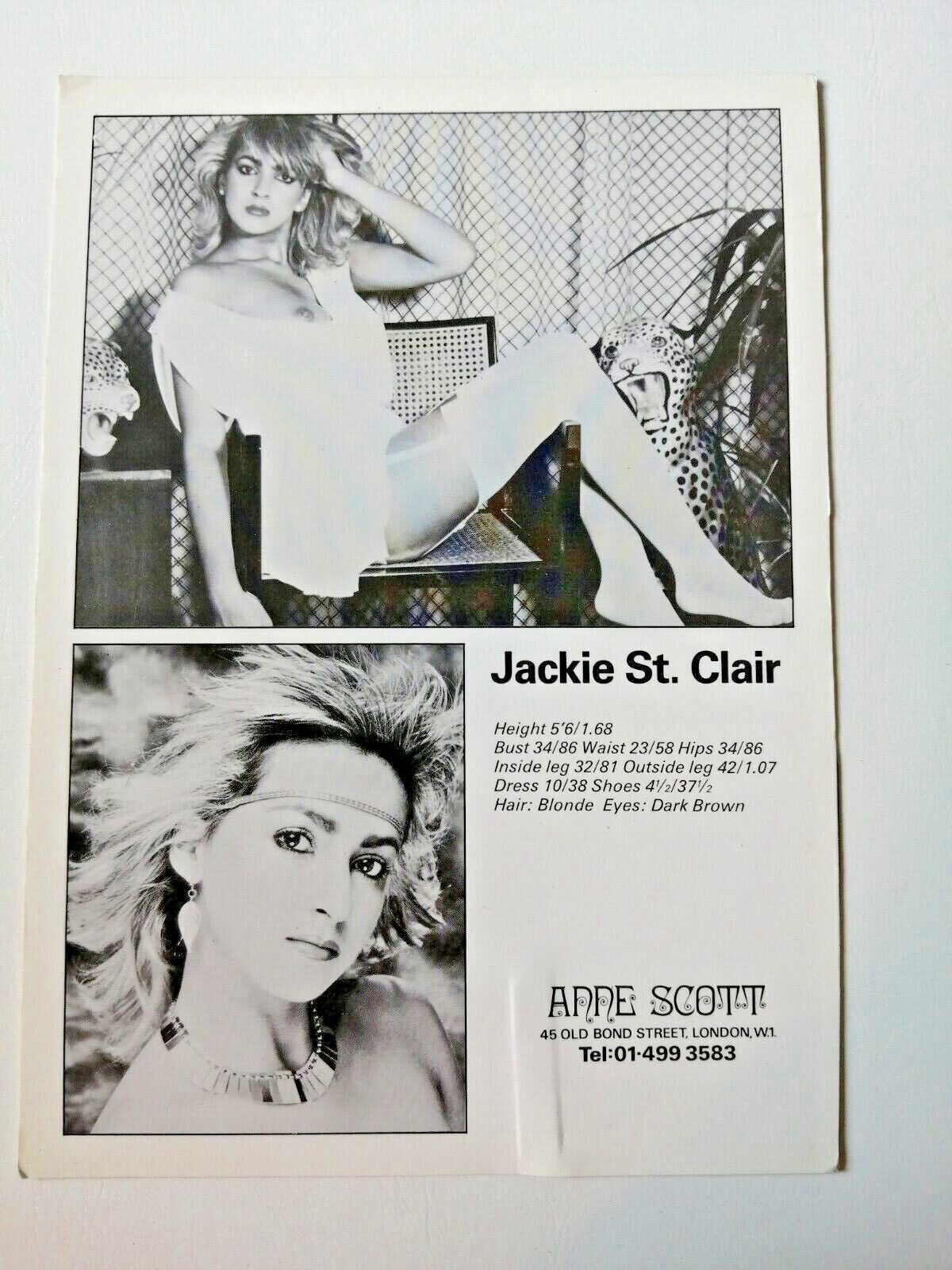 Vintage English  model comp card from 1970s/1980sJackie StClair