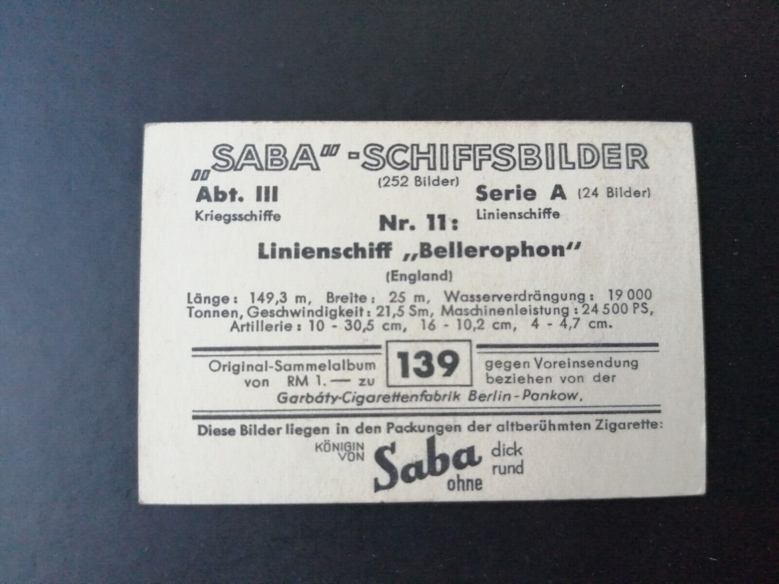 German SABA tobacco ship trading card 1931-33No 139 "Bellerophon" England