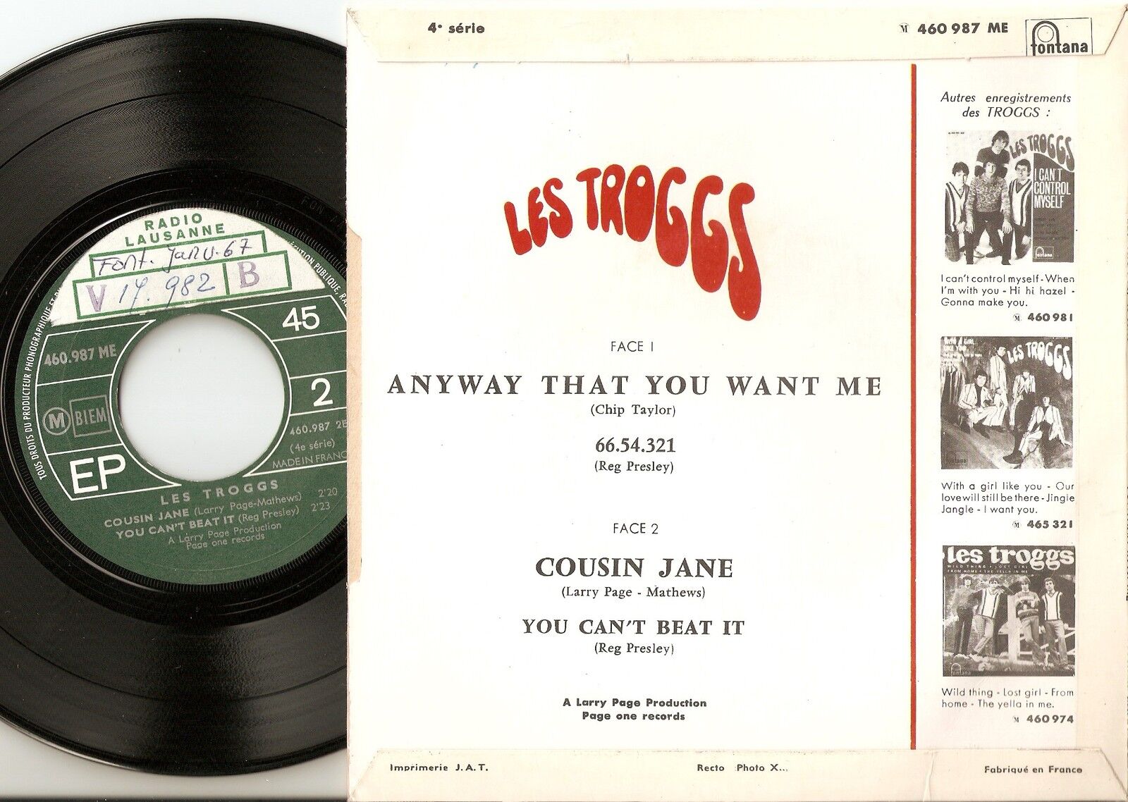 LES TROGGS THE TROGGS ANYWAY THAT YOU WANT ME EP FRENCH 45+PS 1966 FREAKBEAT MOD