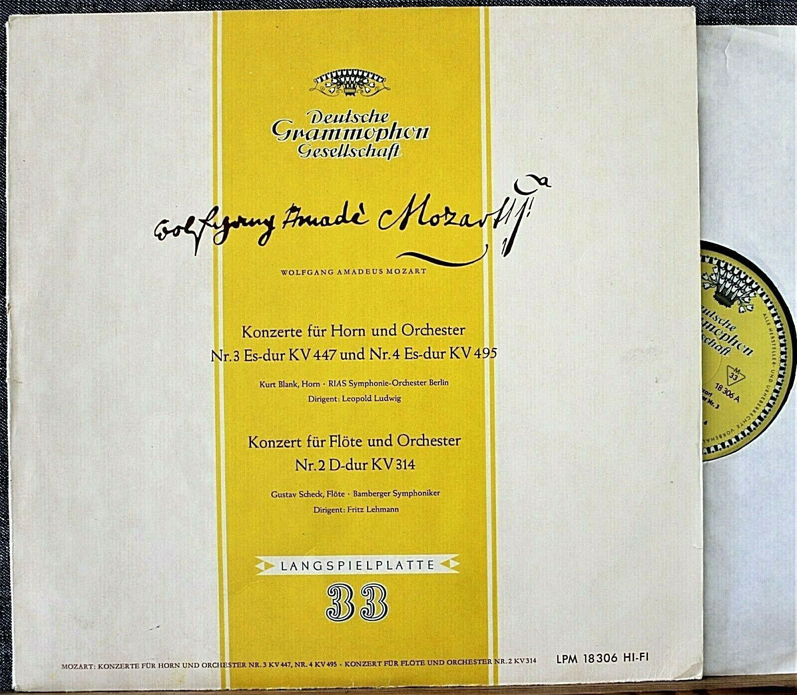 Blank; Scheck Mozart (Horn concertos; Flute concerto) DGG 18 306 LPM NM