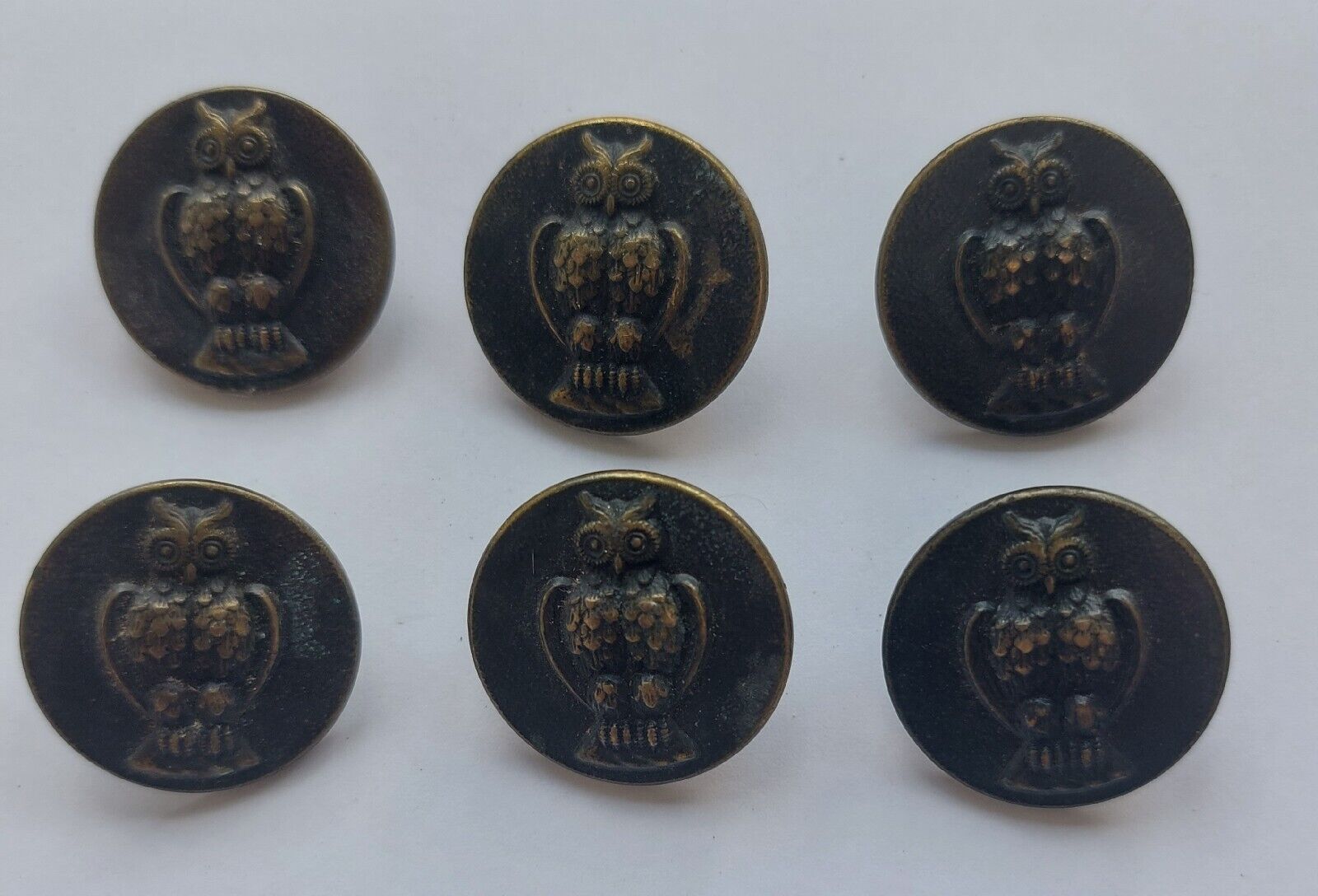 Six vintage owl uniform buttons in bronze from C L Seifert Denmark c 1940