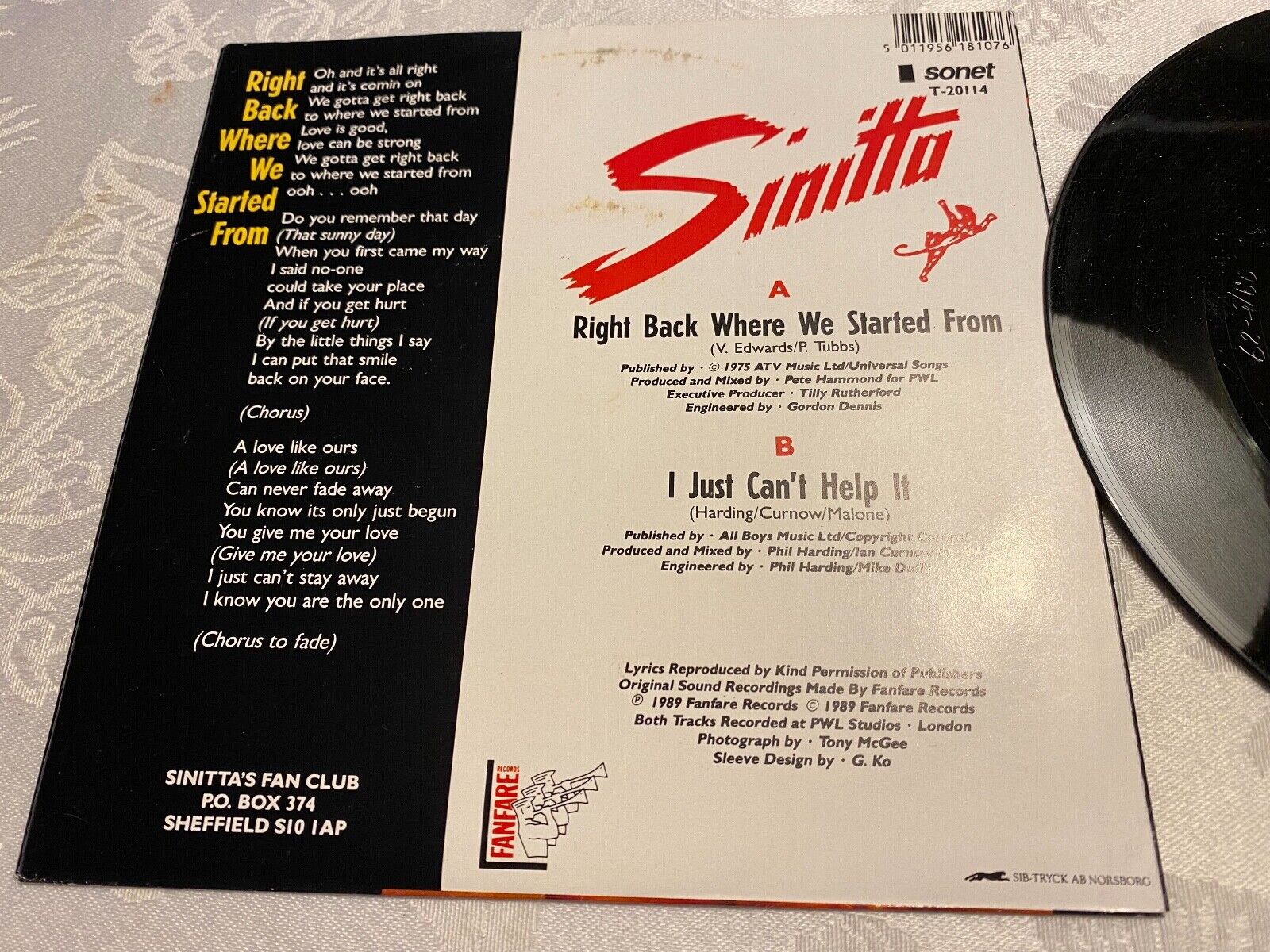 SINITTTA "RIGHT BACK WHERE WE STARTED FROM" 1989 SONET GRAMMOFON SWEDISH PRESS 7