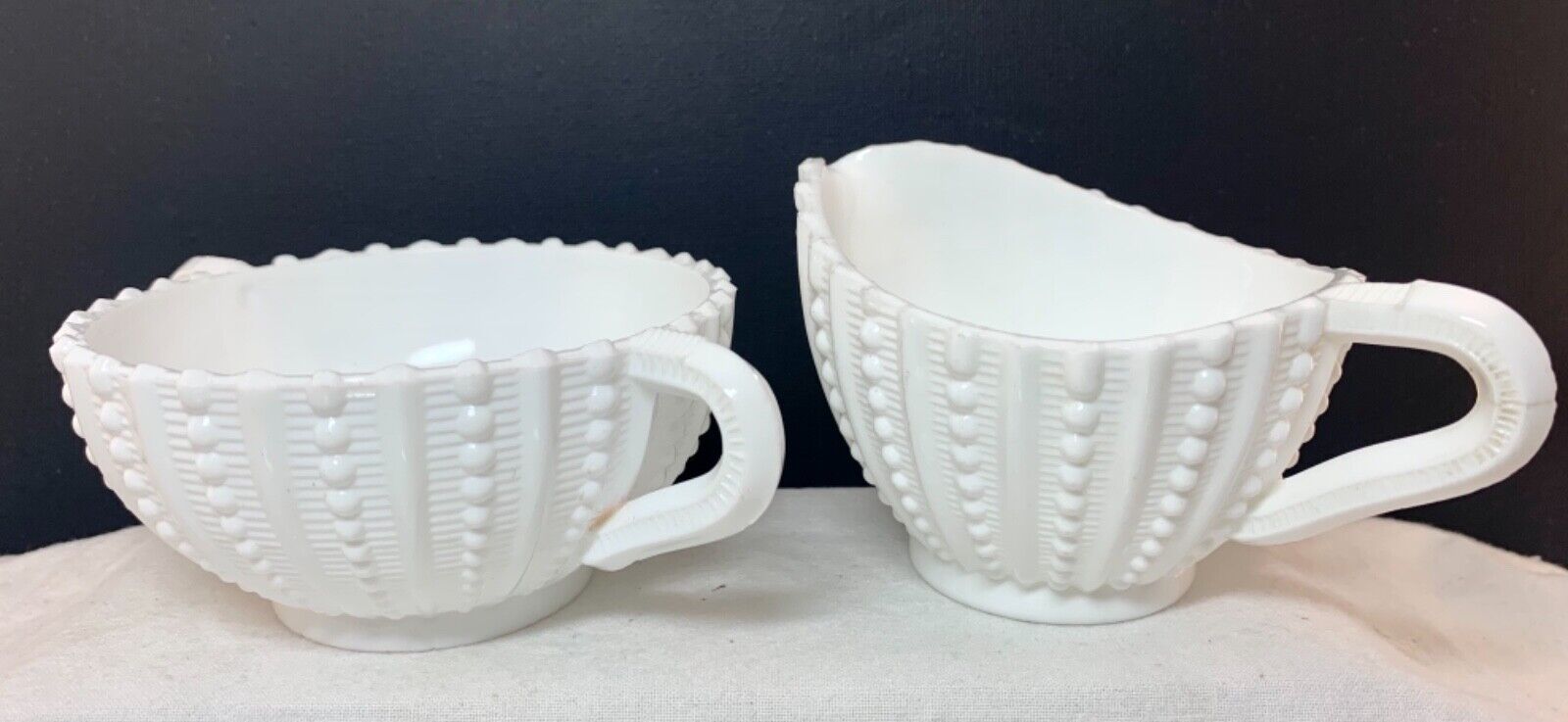 Vintage textured Milk glass sugar  creamer set with under-plate 20cm wide