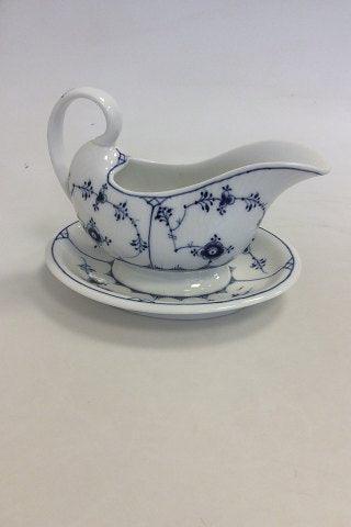 Royal Copenhagen Blue Fluted Plain Gravy Boat with attached underplate No 201