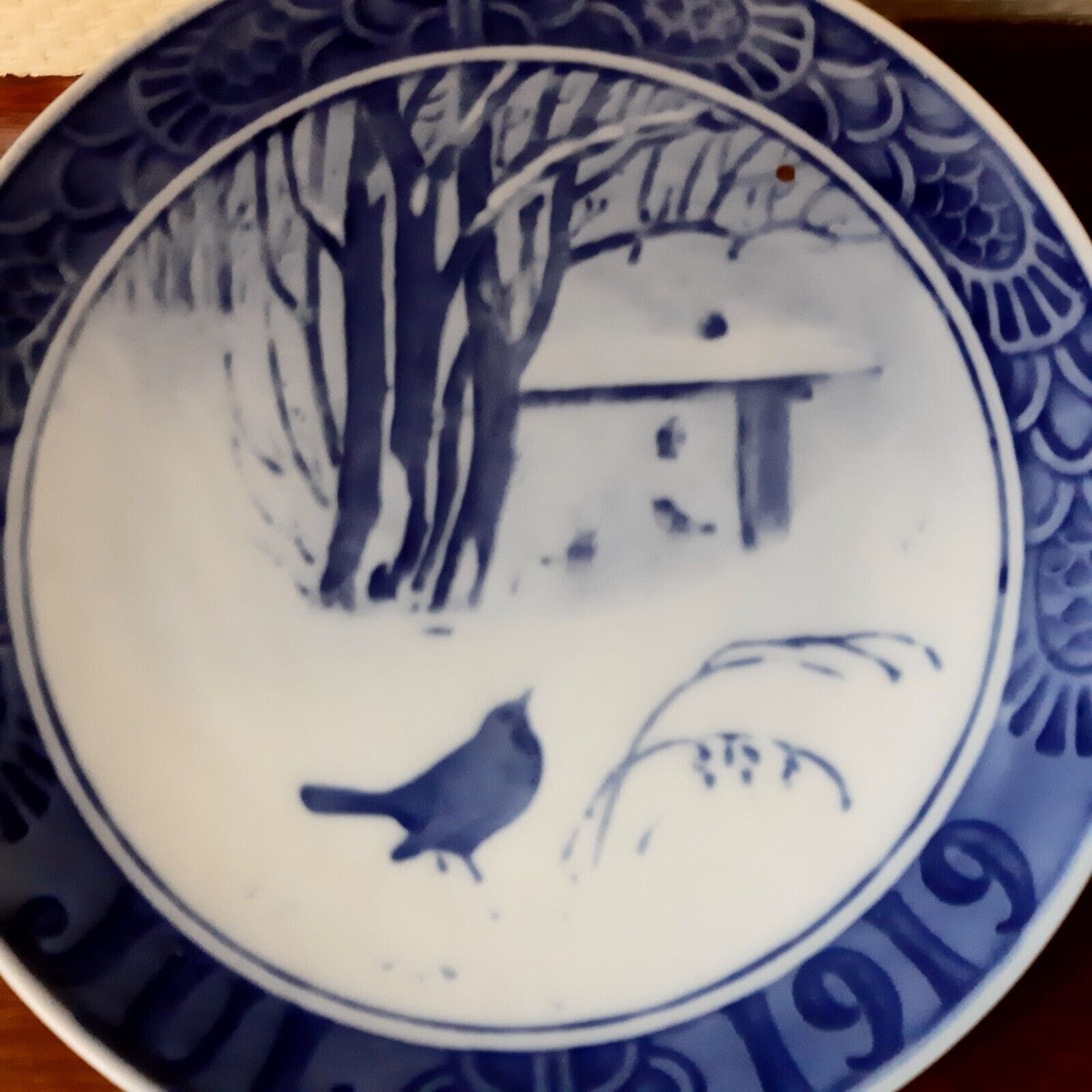 Antique 1919 Christmas Plate Birds in Snow Garden ROYAL COPENHAGEN glazing error