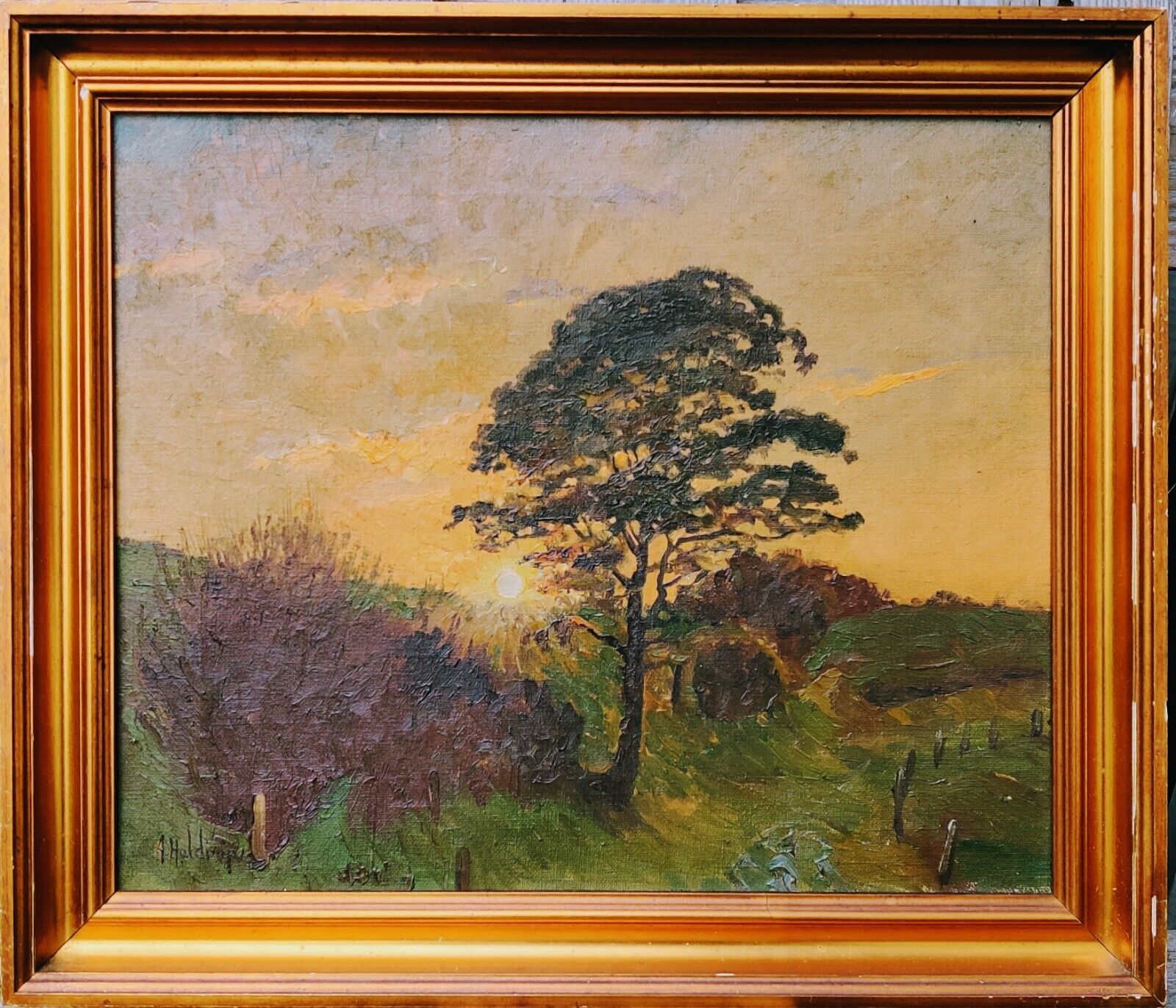 Axel Haldrup (1890-1977): SUNSET BEHIND TALL TREE Original oil