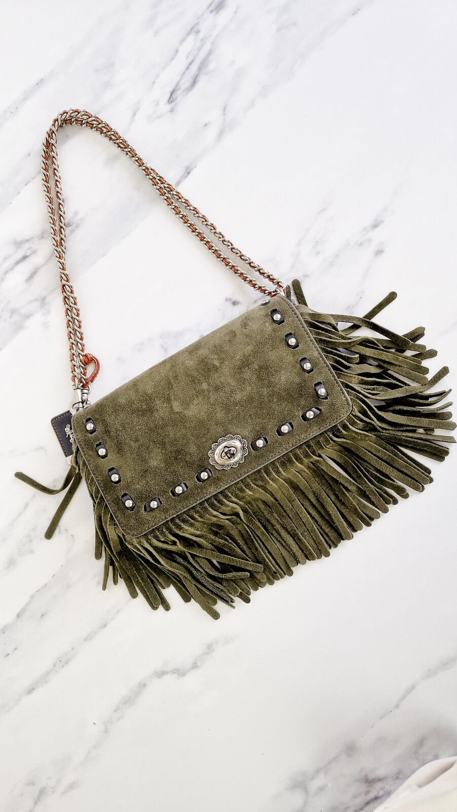 Coach 1941 Dinky Fern Dark Green Cervo Suede Fringe Concho Crossbody Bag 86821