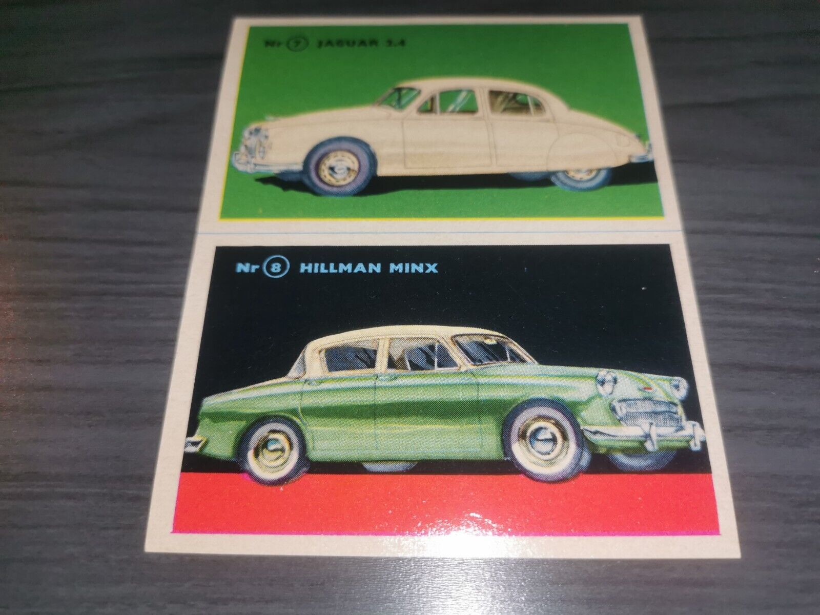 Jaguar 24 - hillman Minx Car card hjemmets samleserie 1957 UNCUT SHEET #7 #8