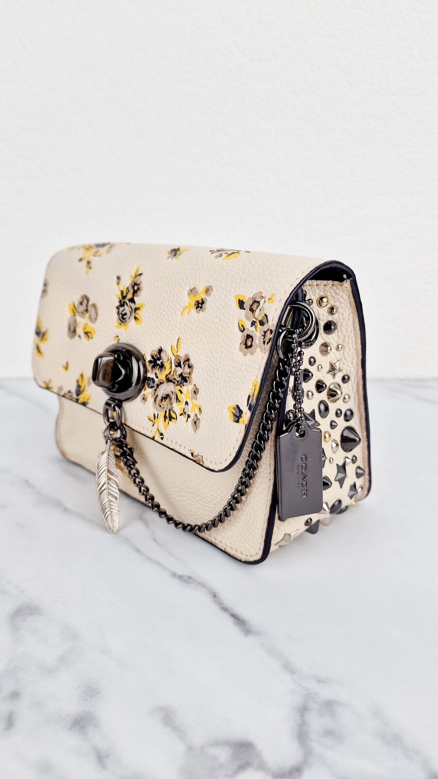 Coach Bowery Crossbody Rebel Charm Star Rivets Yellow Floral Print Chalk 59491