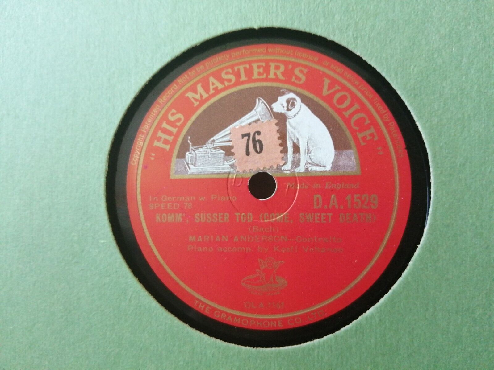 78 rpm shellacMarian AndersonSiciliana/KommSüsser Tod HMV DA1529Good Plus