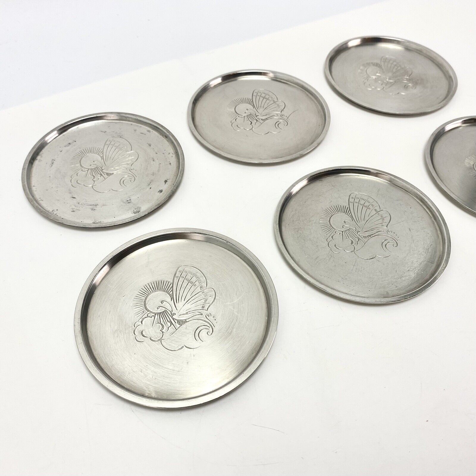 6pcs Vtg Art Deco Just Andersen Polished Pewter Glass Coasters Butterfly Barware