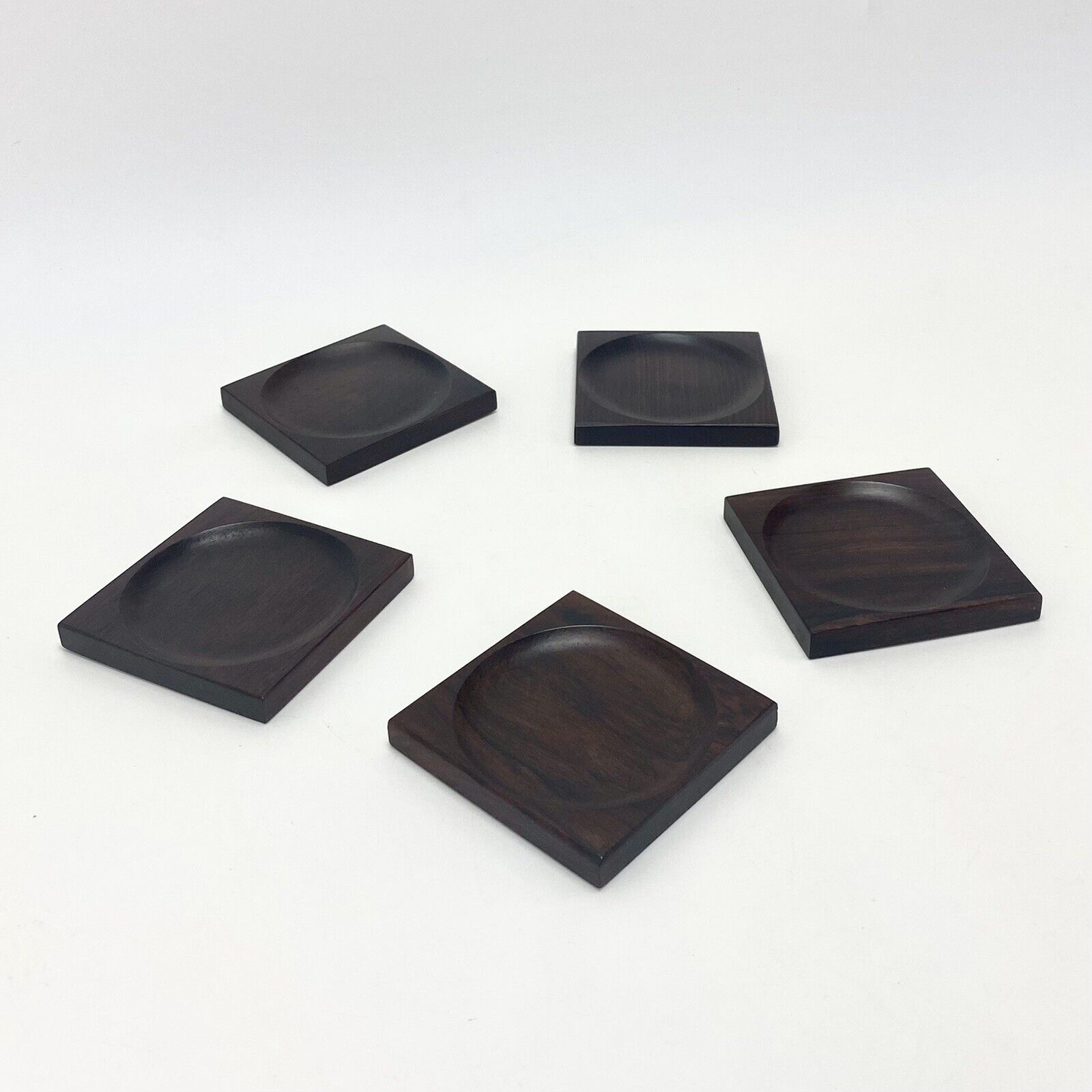 Set of 5 Vtg Mid Century Modern Danish Square Rosewood Glass Coasters Barware