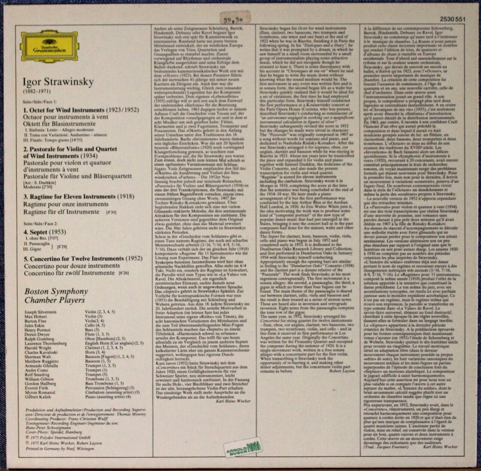 Boston Symphony Chamber Players Stravinsky (Chamber Music) DGG 2530 551 NM