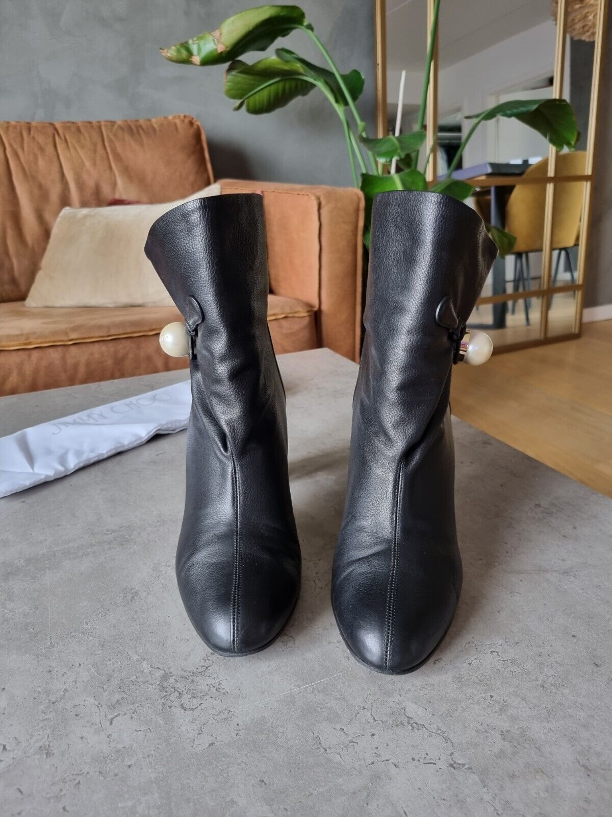 **Jimmy Choo** Black Leather Bethanie 85mm Pearl Embellished Ankle Boots 405