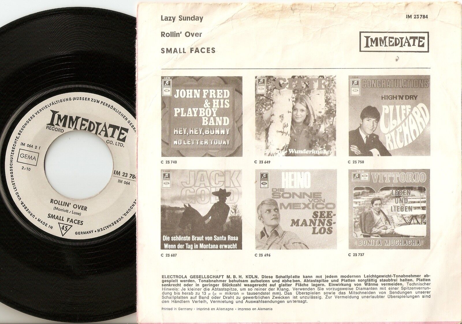 SMALL FACES LAZY SUNDAY  ROLLIN` OVER GERMAN 45+PS 1968 MOD RB SOUL FREAKBEAT