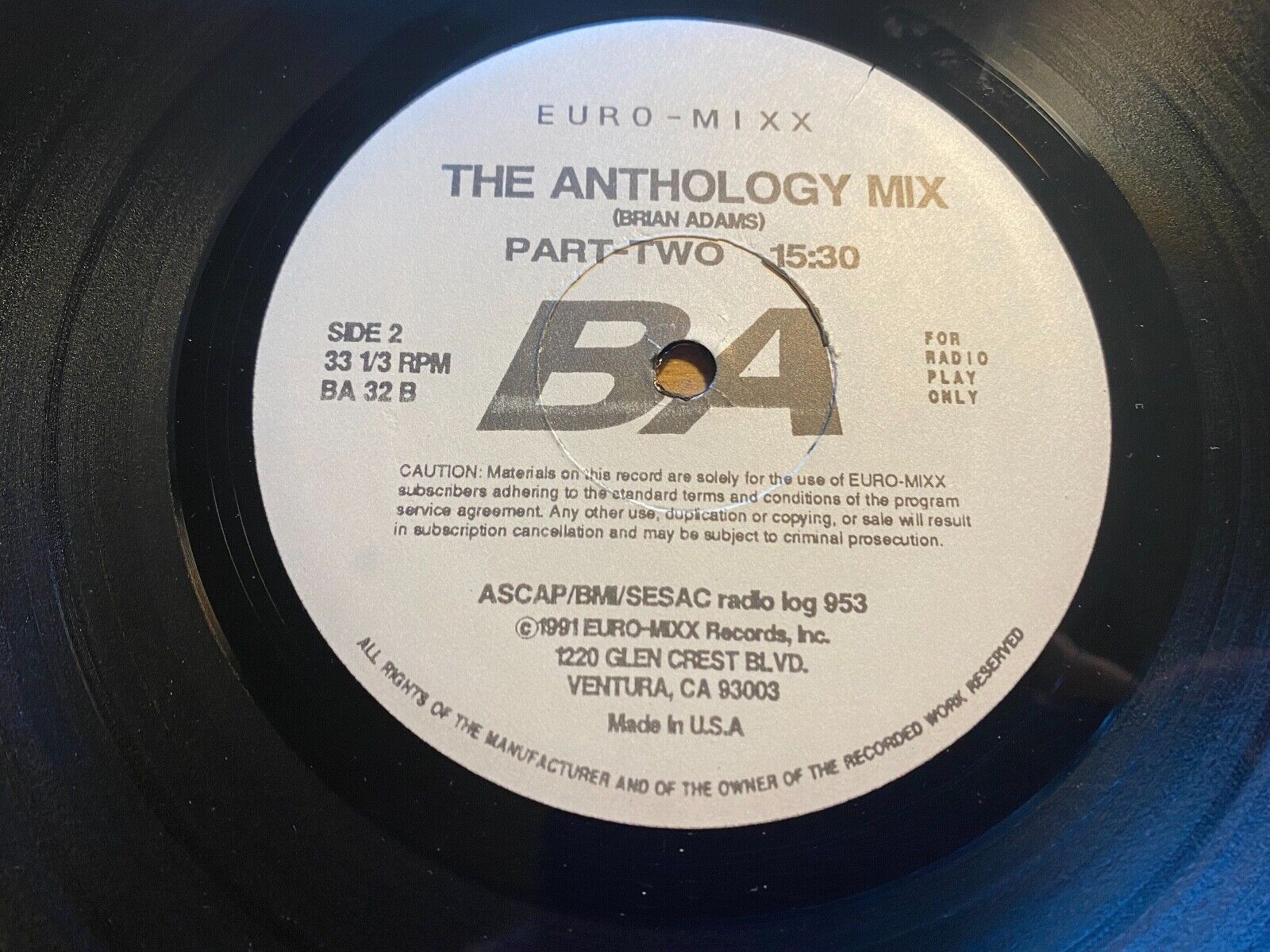 BRYAN ADAMS "THE ANTHOLOGY MIX" 1991 USA PRESS 12" MEGAMIX PROMOTION RADIO PLAY*