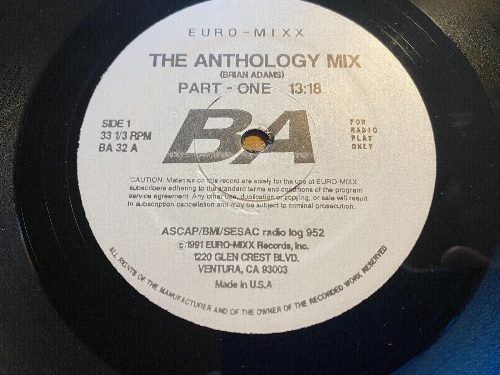 BRYAN ADAMS "THE ANTHOLOGY MIX" 1991 USA PRESS 12" MEGAMIX PROMOTION RADIO PLAY*