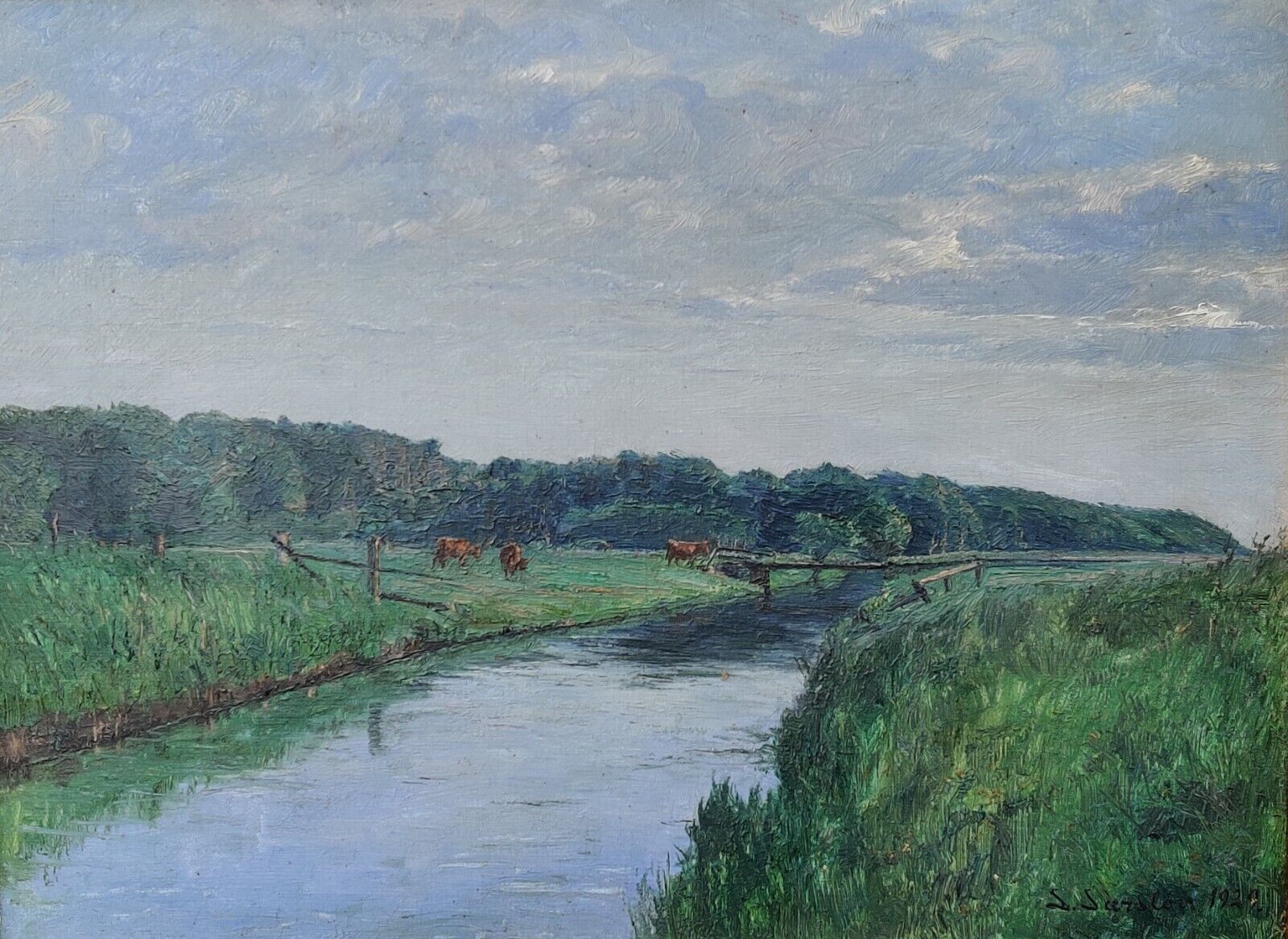 Frederik Larsen-Saersloev  (1870-1942): STREAM THROUGH MEADOW WITH GRAZING COWS