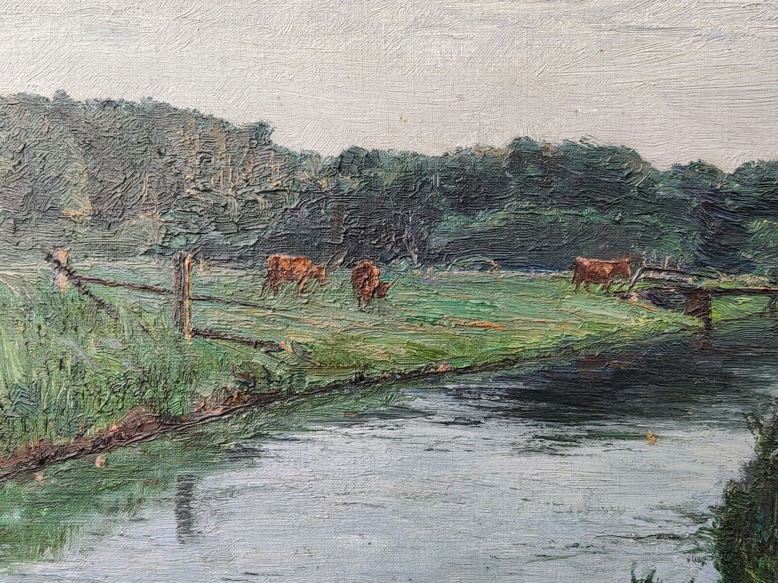 Frederik Larsen-Saersloev  (1870-1942): STREAM THROUGH MEADOW WITH GRAZING COWS