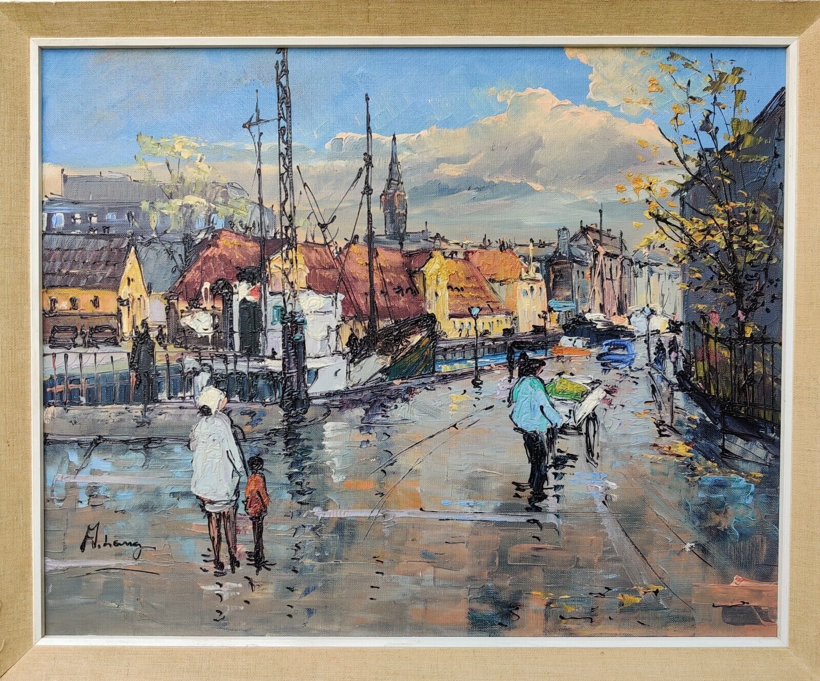 Axel Lang Olsen (1931): STREET ALONG CANAL original oil painting