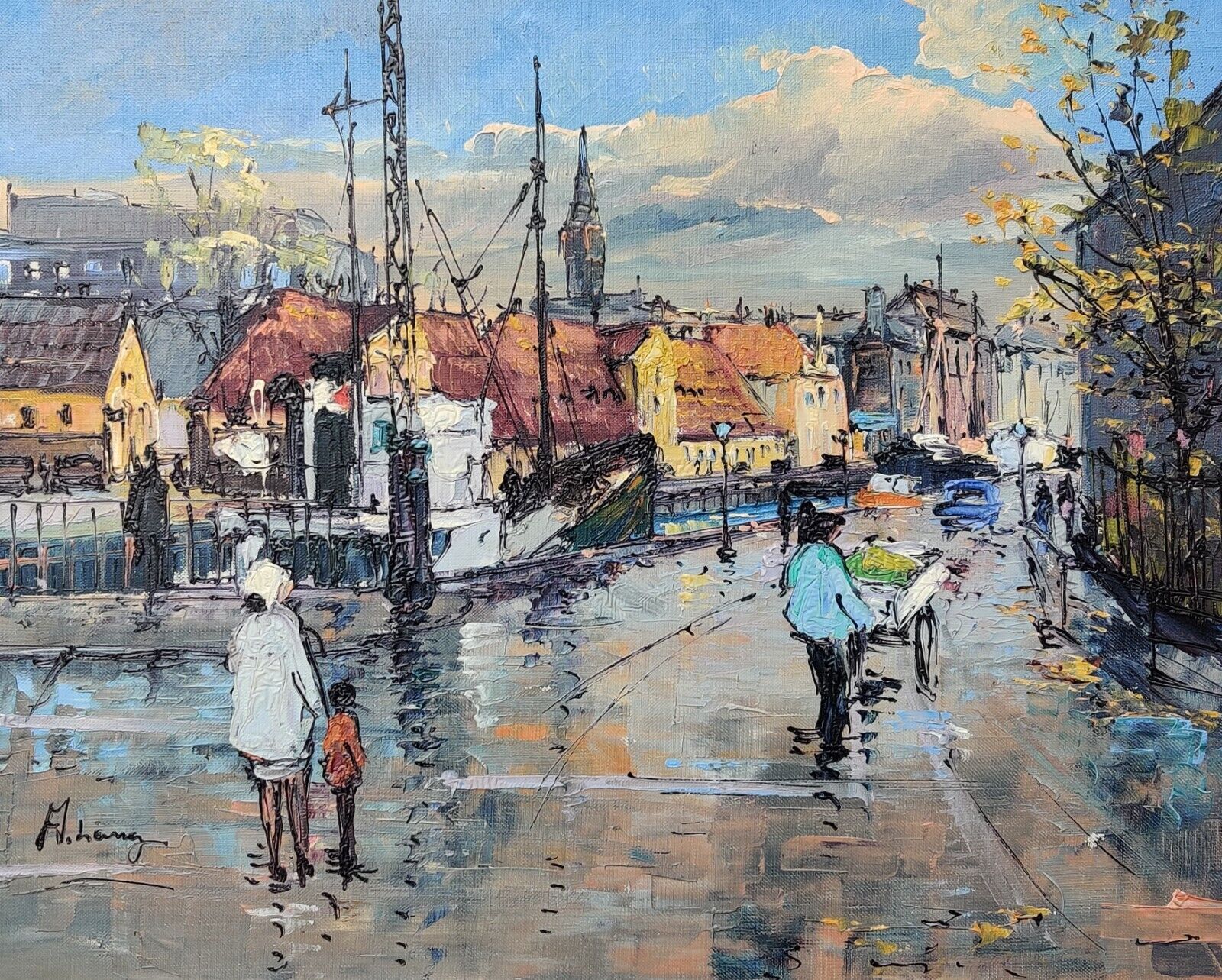 Axel Lang Olsen (1931): STREET ALONG CANAL original oil painting