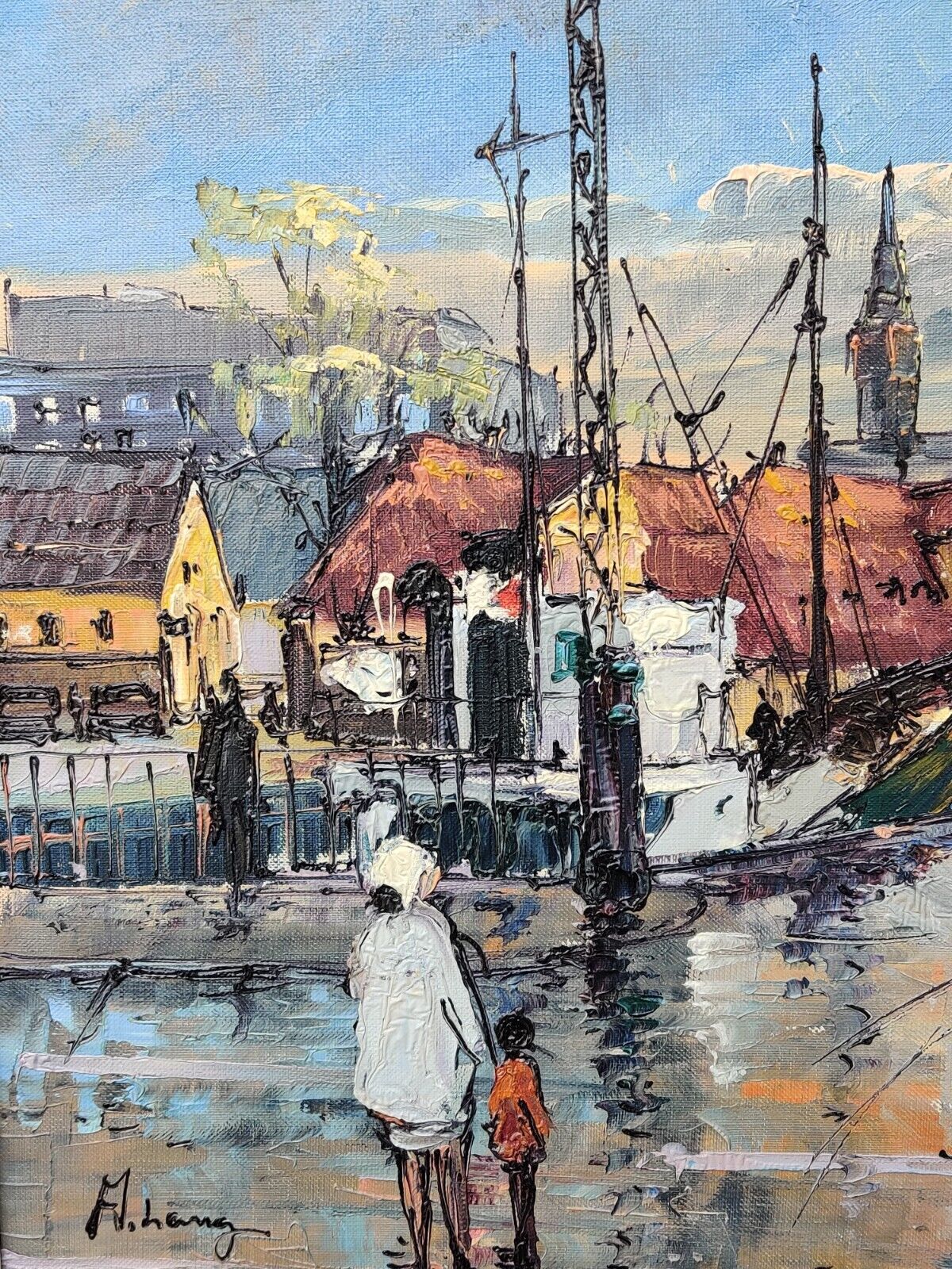 Axel Lang Olsen (1931): STREET ALONG CANAL original oil painting