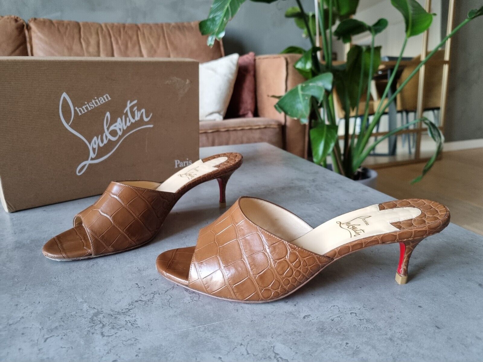 **Christian Louboutin** Brown Croc Embossed Slip On Mules Sandals Heels Sz 39