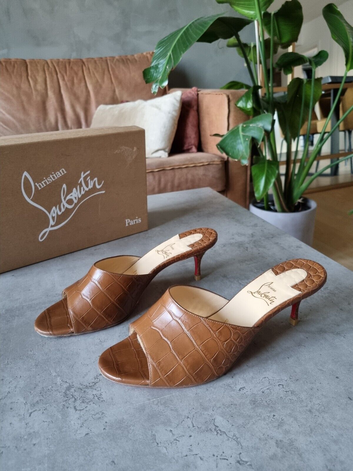 **Christian Louboutin** Brown Croc Embossed Slip On Mules Sandals Heels Sz 39