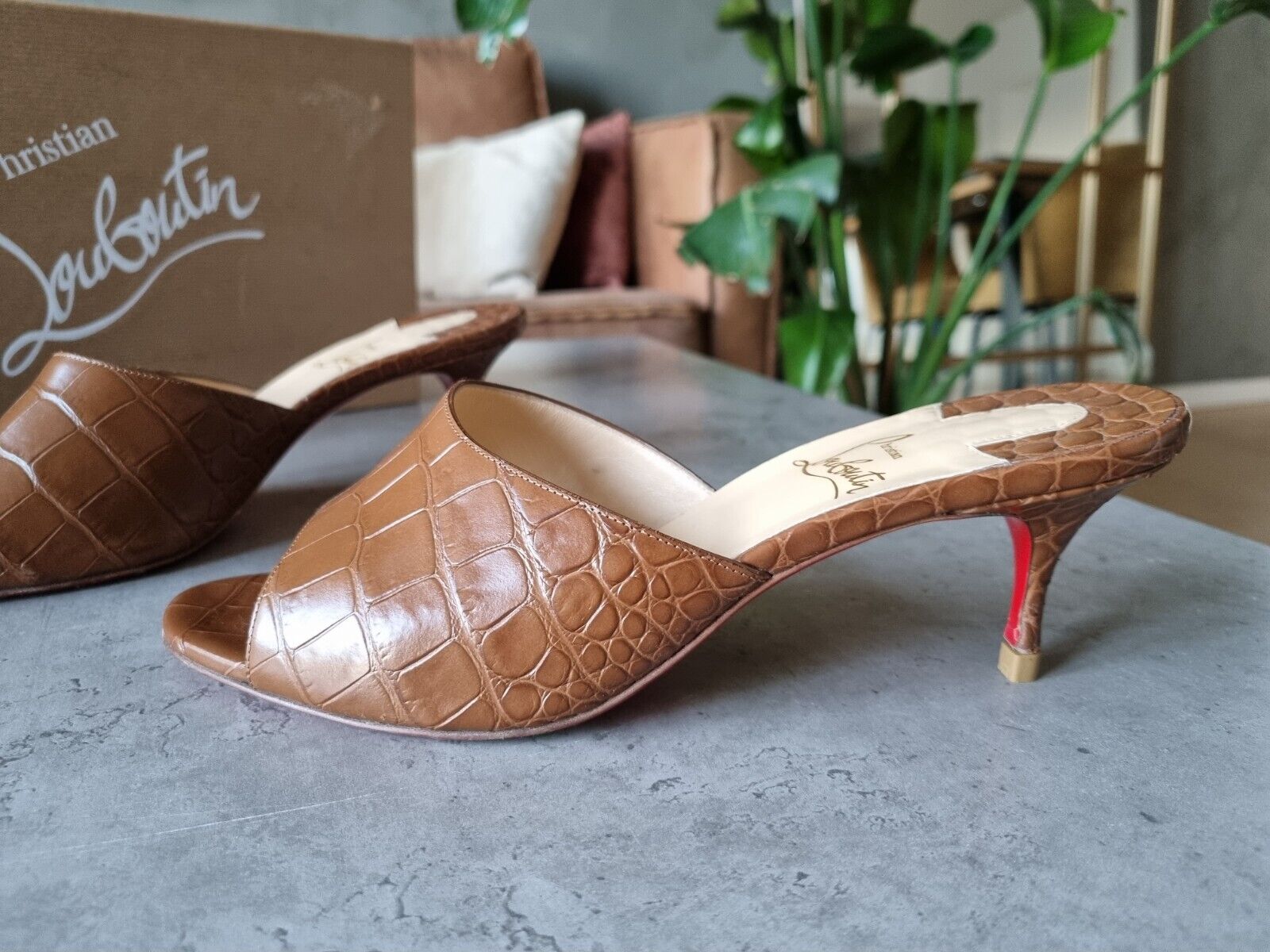 **Christian Louboutin** Brown Croc Embossed Slip On Mules Sandals Heels Sz 39