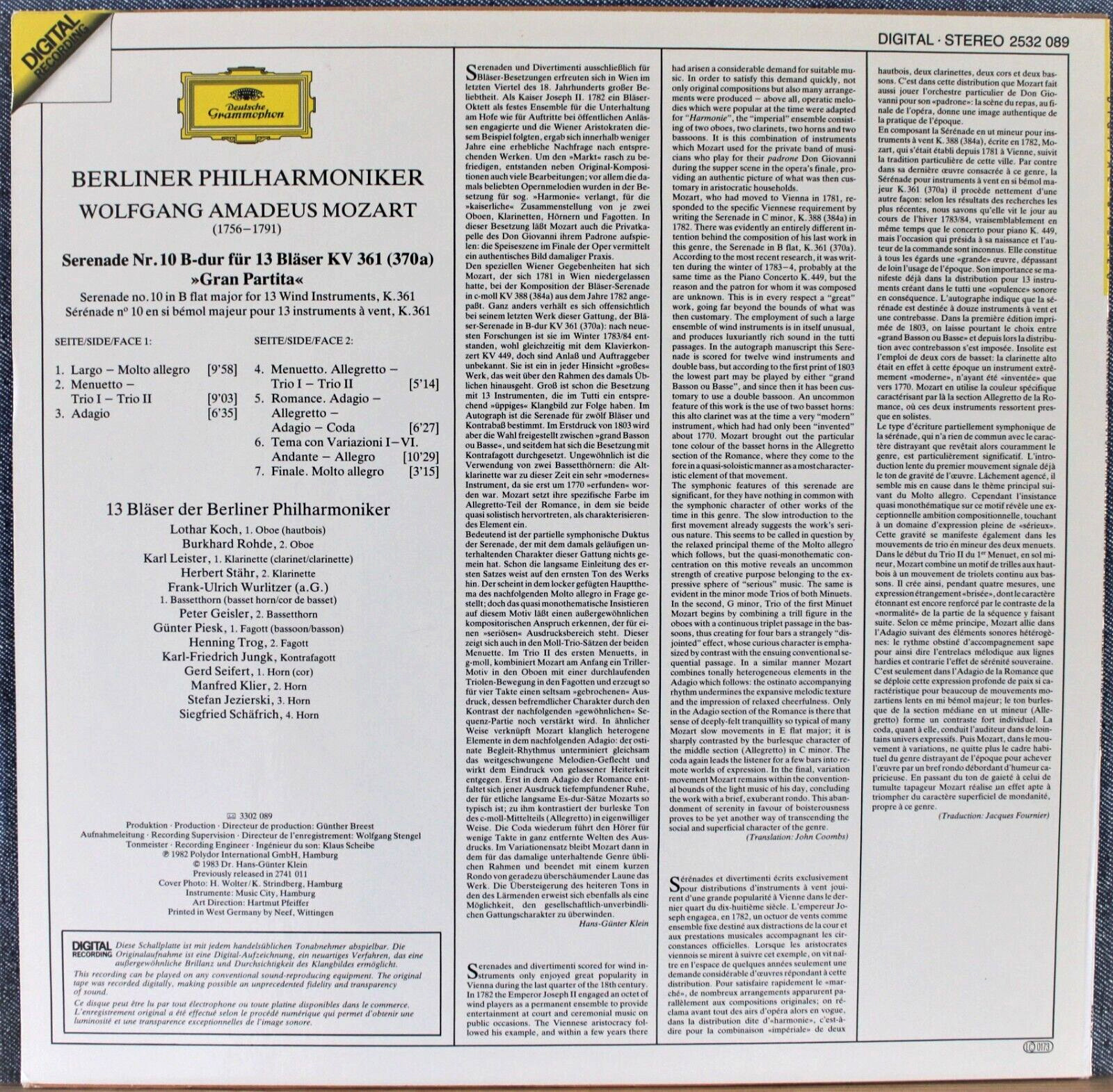 Berlin Philharmonic Winds Mozart (Serenade KV 361) DGG 2532 089 dig NM