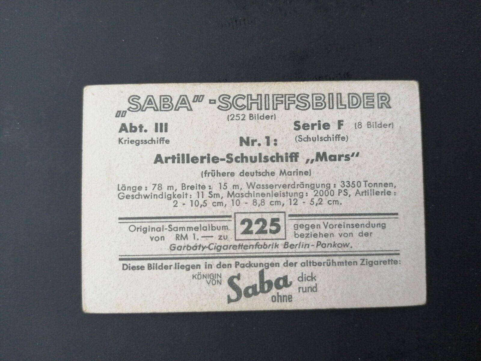 German SABA tobacco ship trading card 1931-33No 225 "Mars" Schulschiff