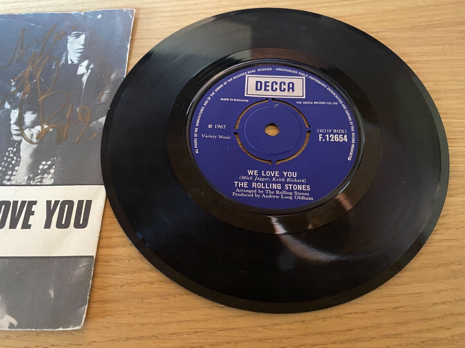 THE ROLLING STONES "WE LOVE YOU" 1967 CHARLIE WATTS AUTOGRAPHED SINGLE DECCA UK