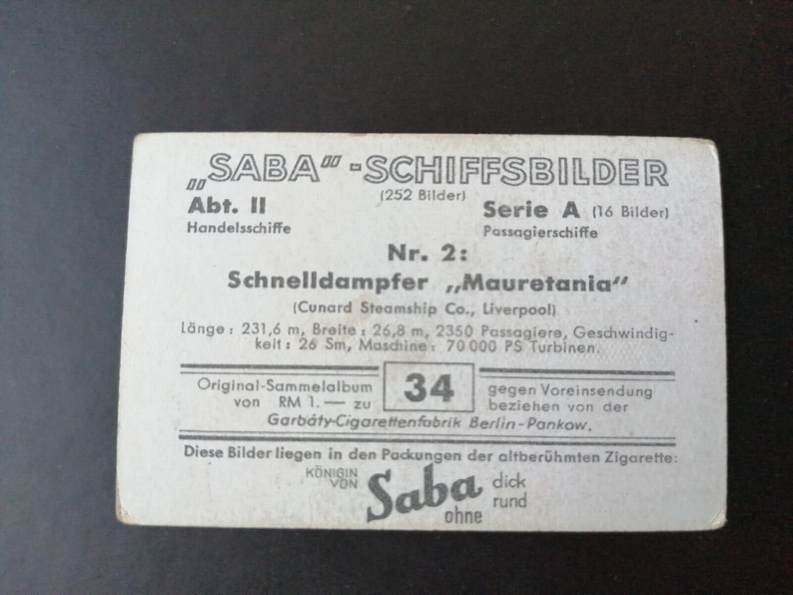 German SABA tobacco ship trading card 1931-33No 34 "Mauretania" Liverpool