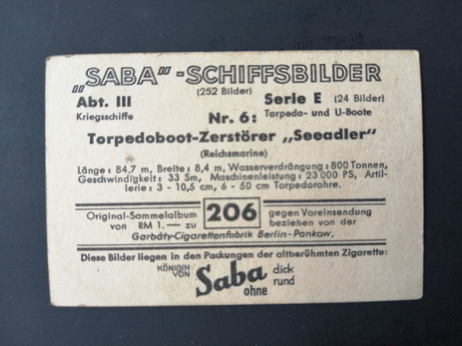 German SABA tobacco ship trading card 1931-33No 206 "Seeadler"