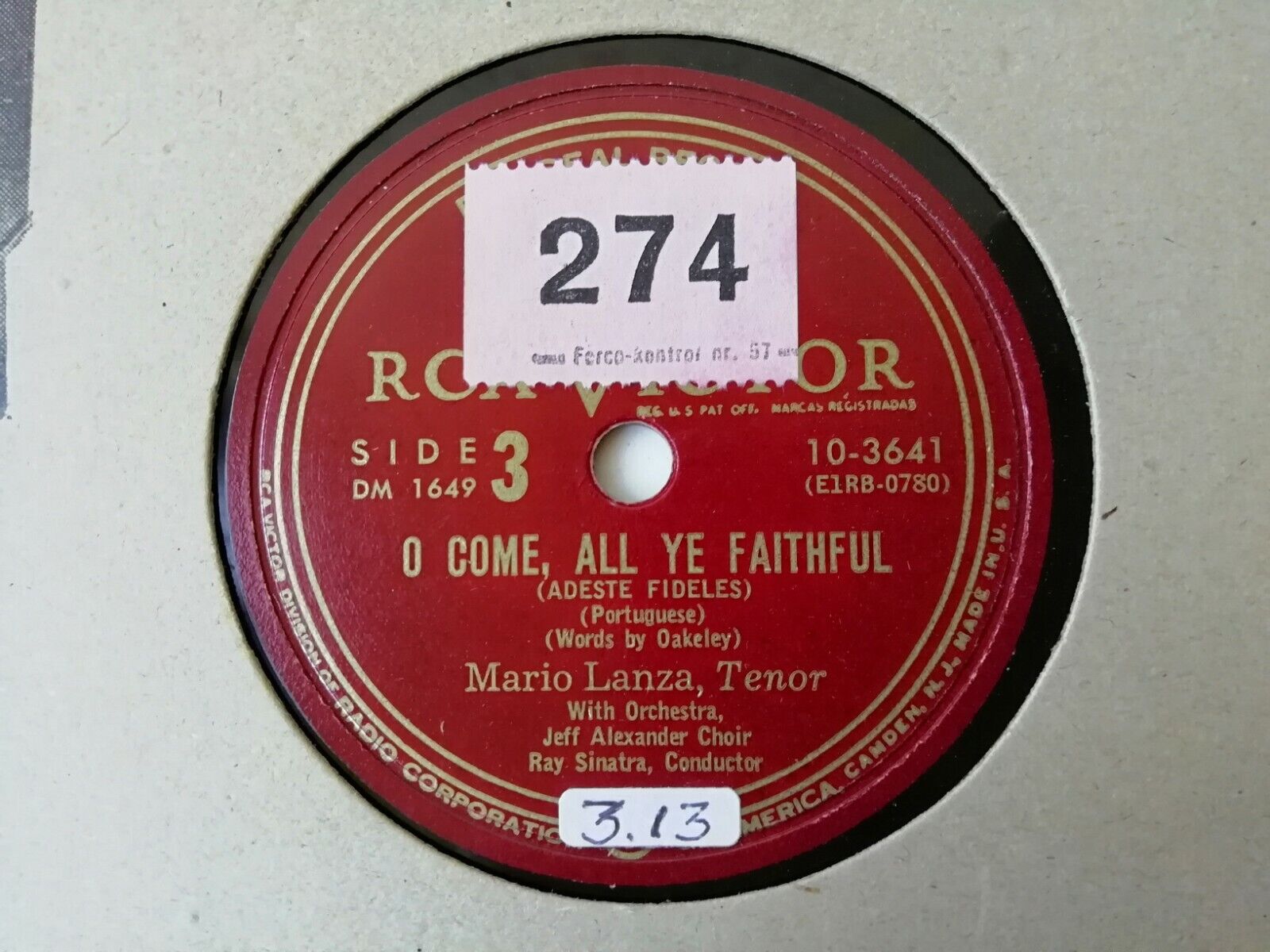 78 rpm :Mario LanzaO ComeAll Ye FaithfulOh!Little Town Of BethlehemRCA