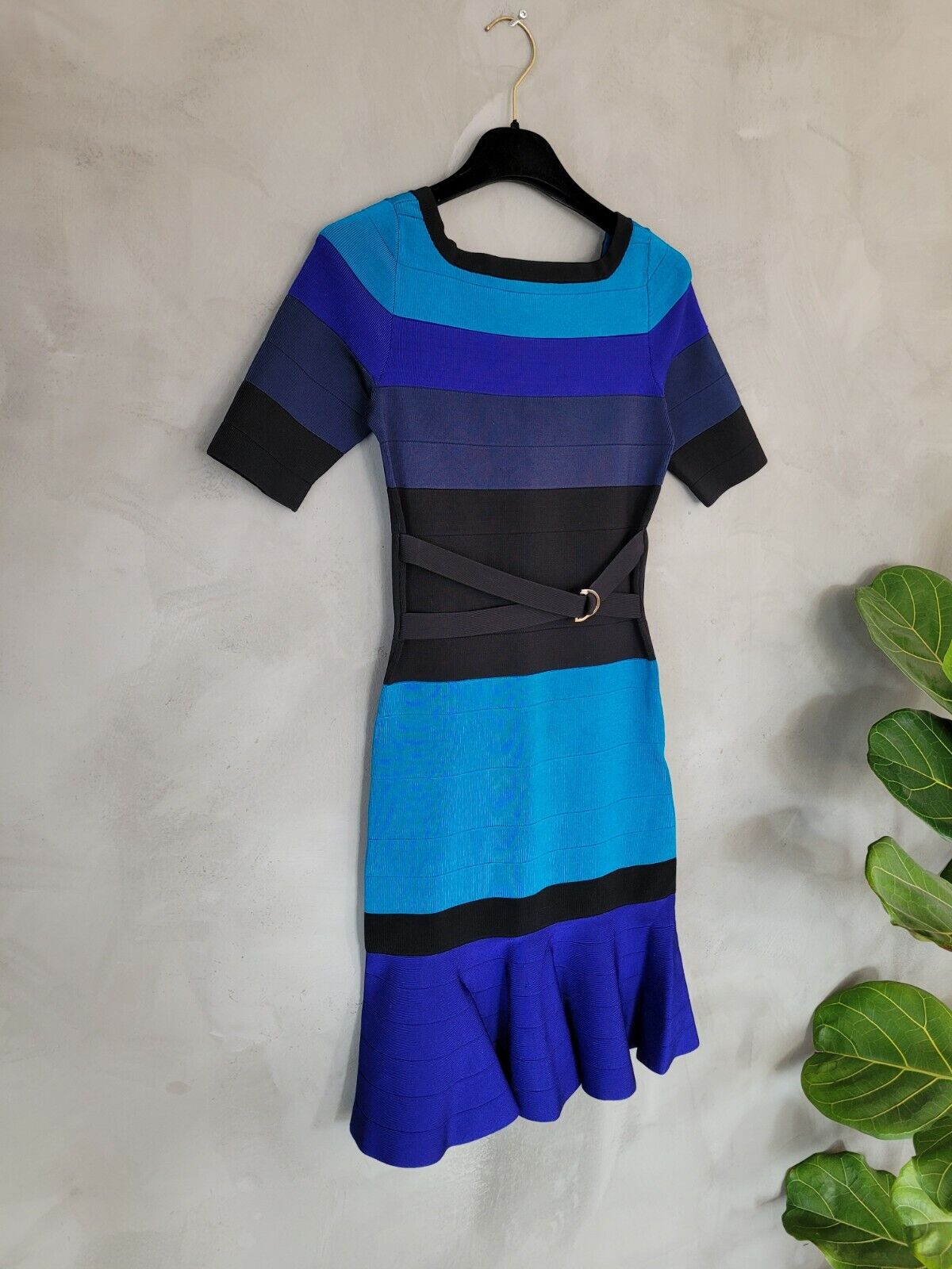 **Karen Millen** Blue Striped Bandage Knit Ruffle Midi Dress Size 1