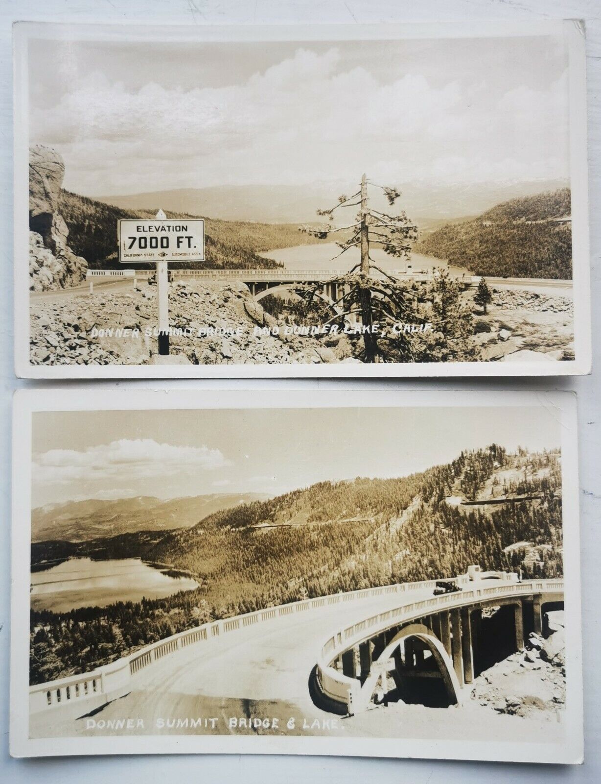 Two old photo postcards :Motifs from Donner Lake and Bridge California pok1315