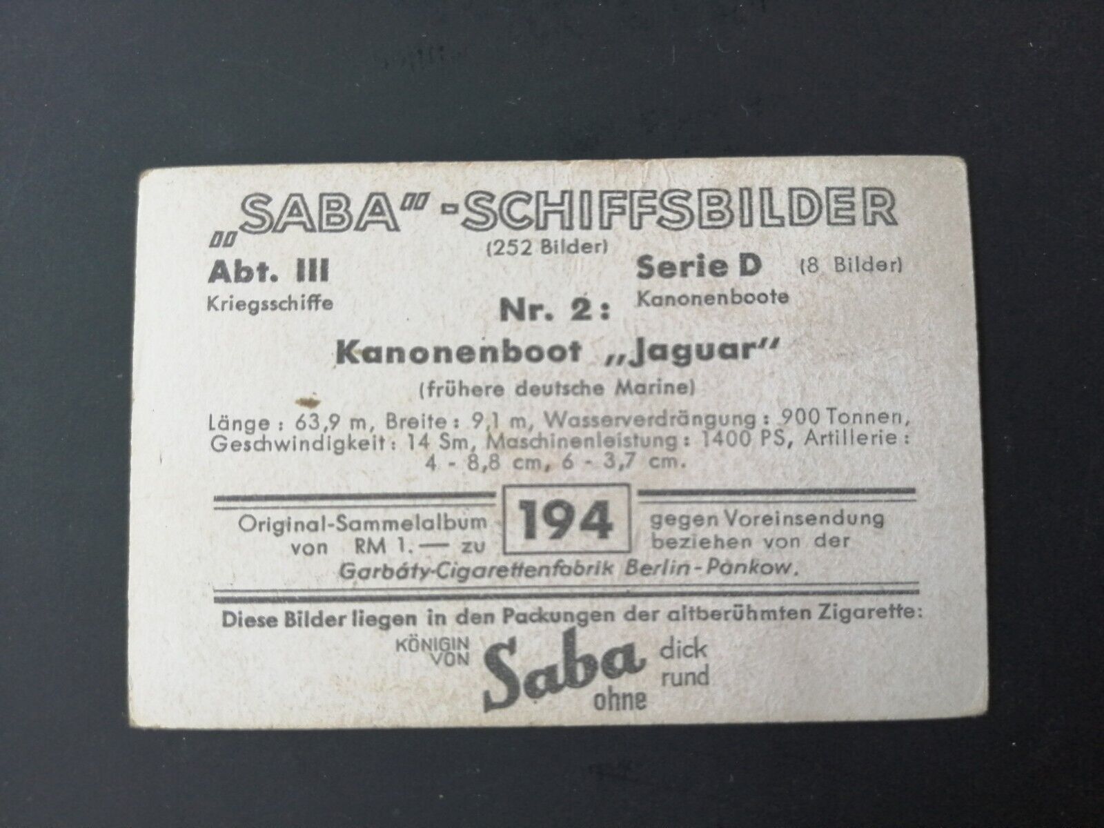 German SABA tobacco ship trading card 1931-33No 194 Kanonenboot "Jaguar"