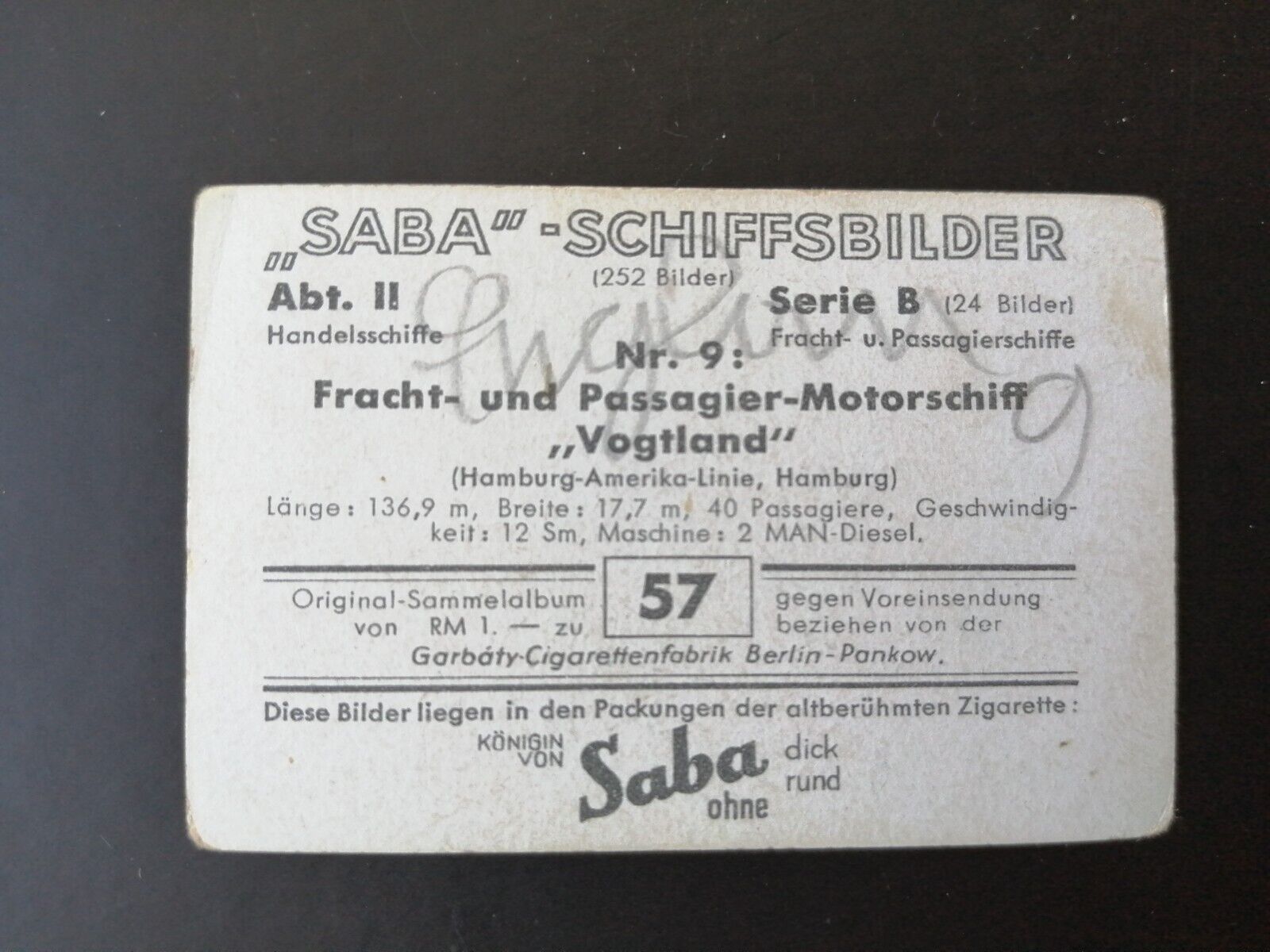 German SABA tobacco ship trading card 1931-33No 57 " Vogtland" Hamburg