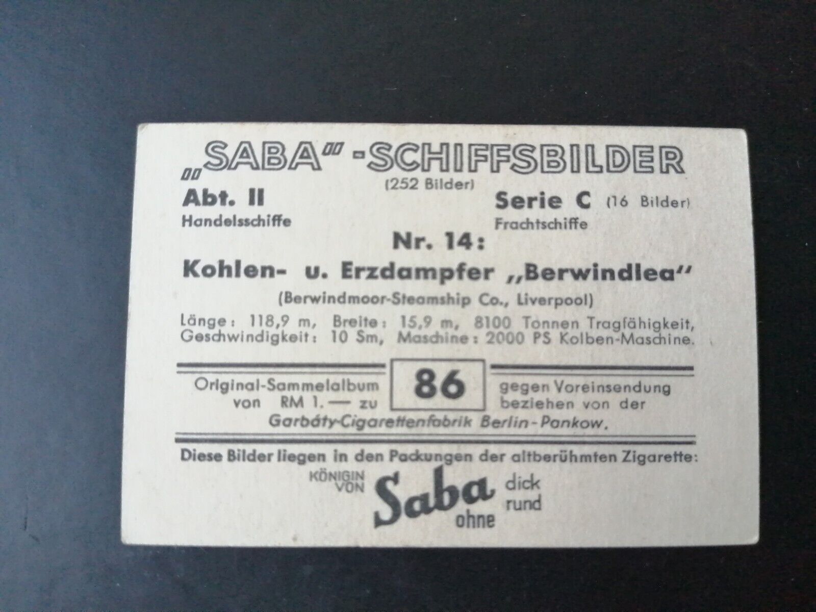 German SABA tobacco ship trading card 1931-33No 86 "Berwindlea" Liverpool